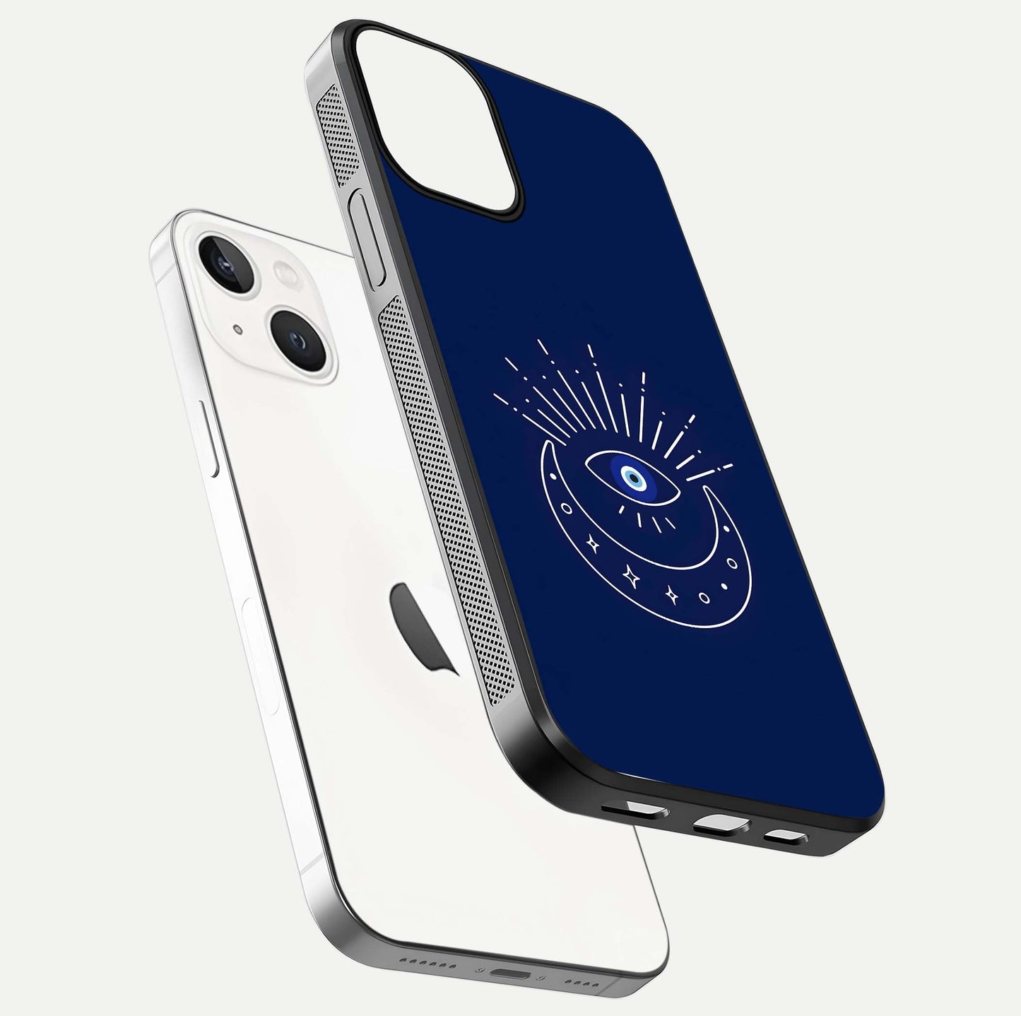 Blue Evil Eye Glass Case for iPhone 13 Mini floating mockup displaying glossy protection and spiritual artwork