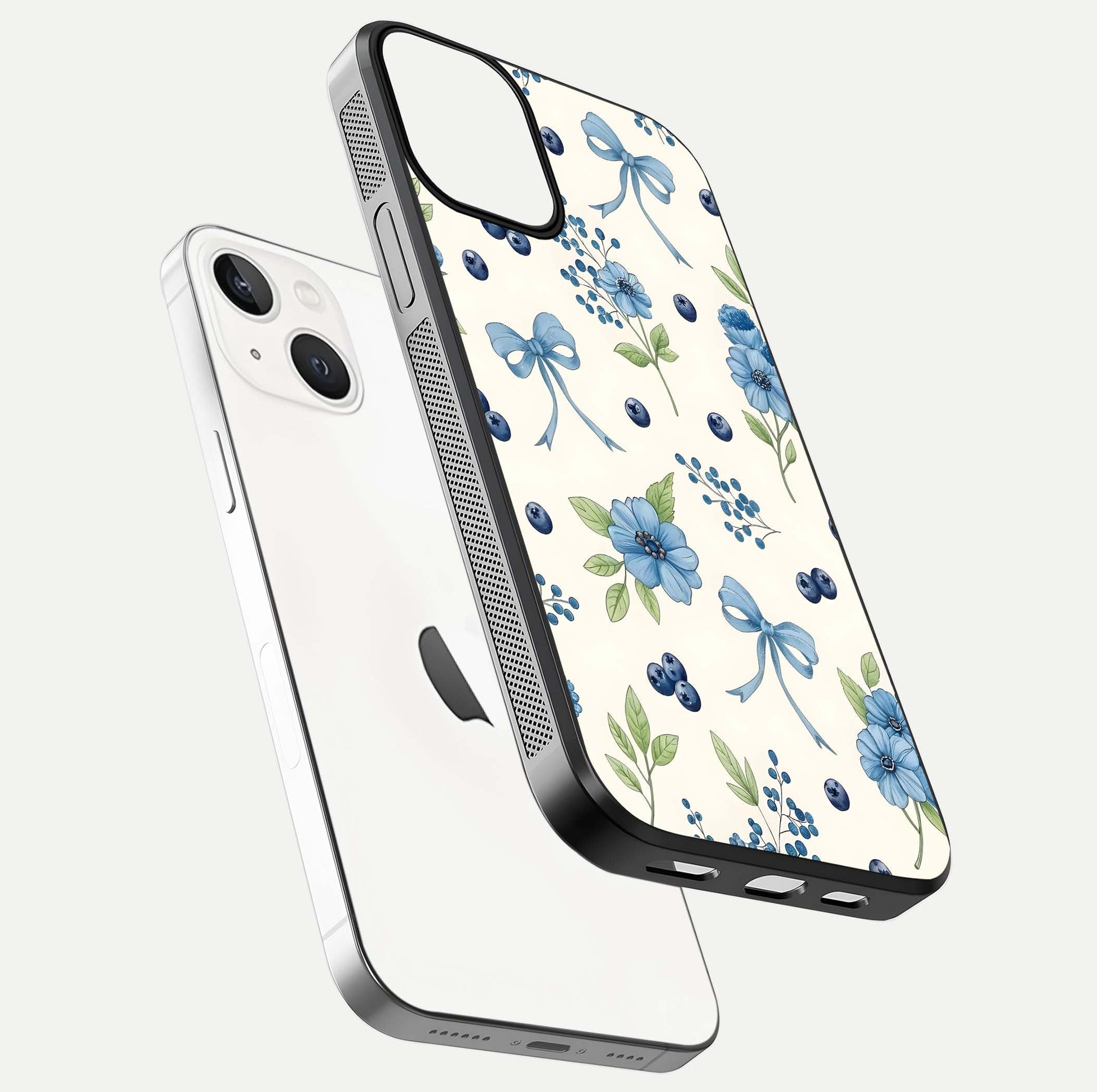 Blue Flower & Bow Glass Case for iPhone 13 Mini floating mockup capturing gloss reflection and girly aesthetic