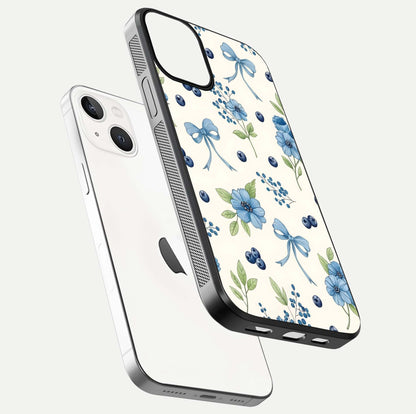 Blue Flower & Bow Glass Case for iPhone 13 Mini floating mockup capturing gloss reflection and girly aesthetic
