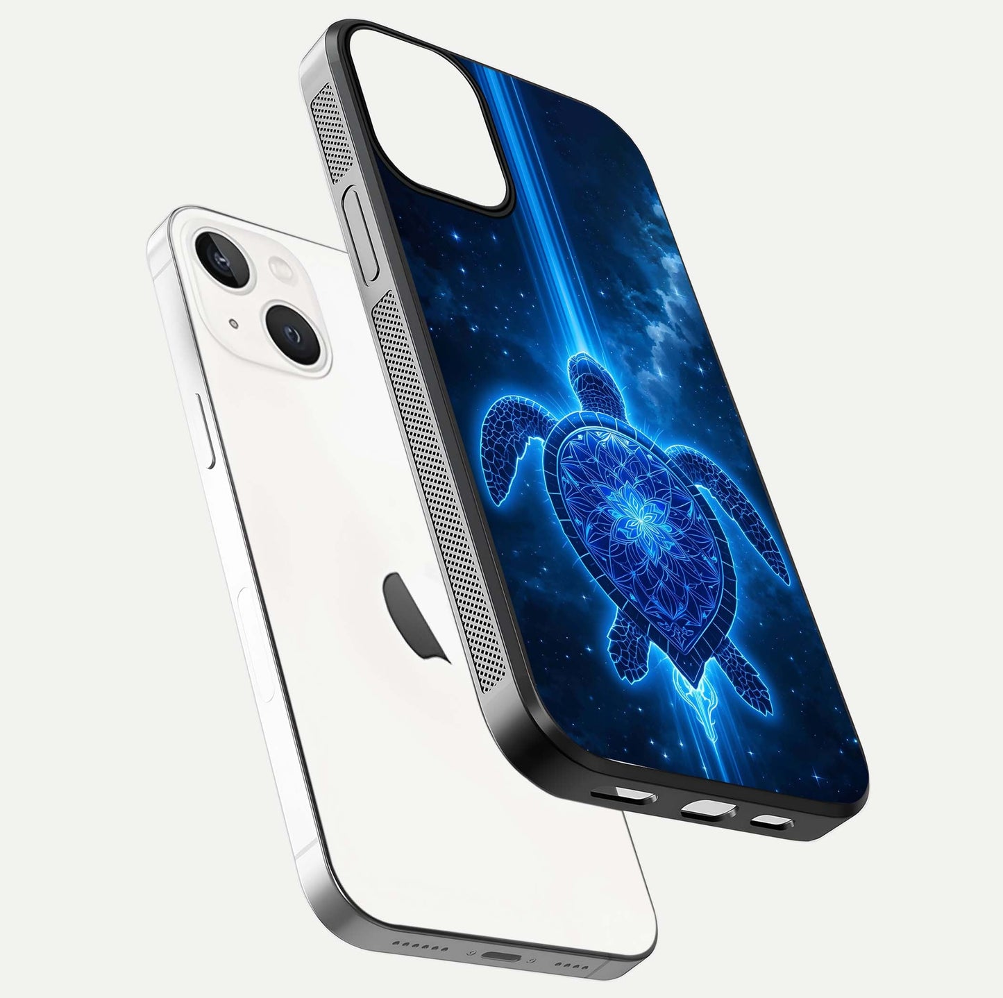Blue Galaxy Turtle Glass Case for iPhone 13 Mini floating dual-mockup showing gloss depth and color transitions