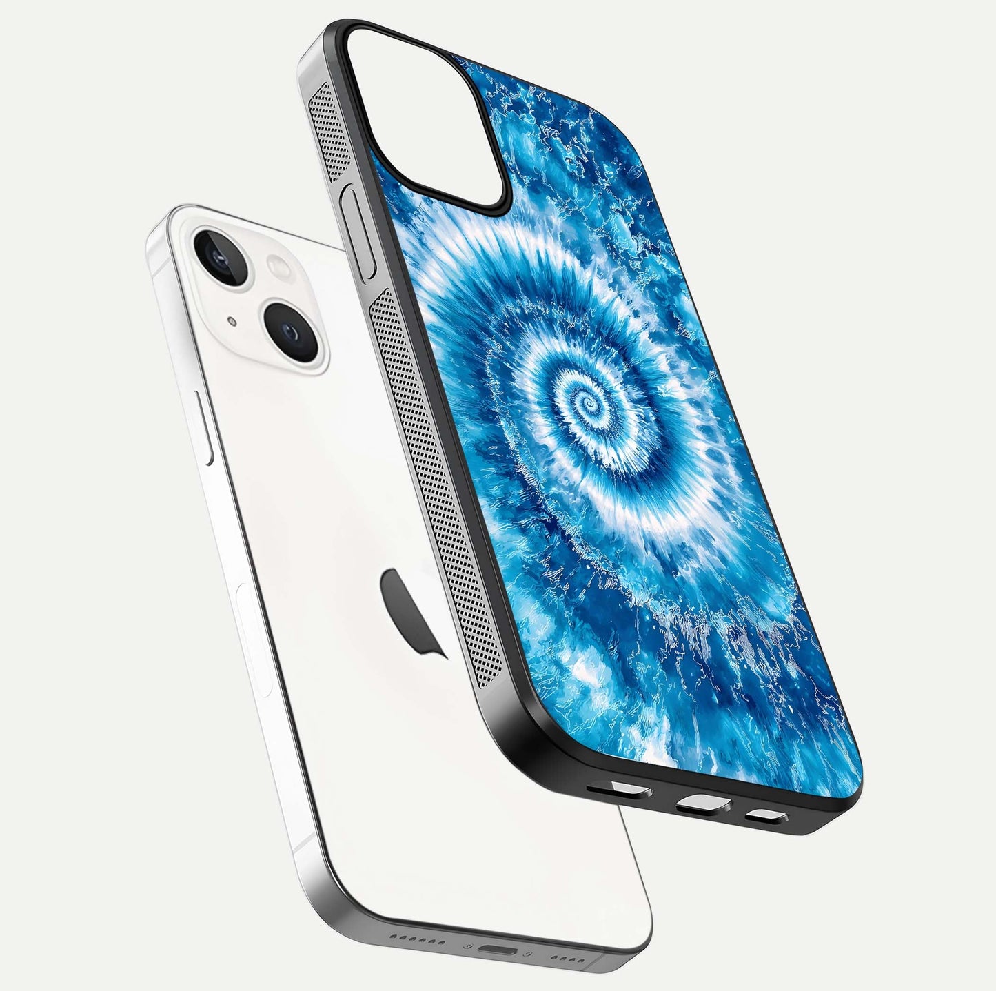 Blue Galaxy Wave Glass Case for iPhone 13 Mini floating mockup revealing cosmic depth and curved-edge texture