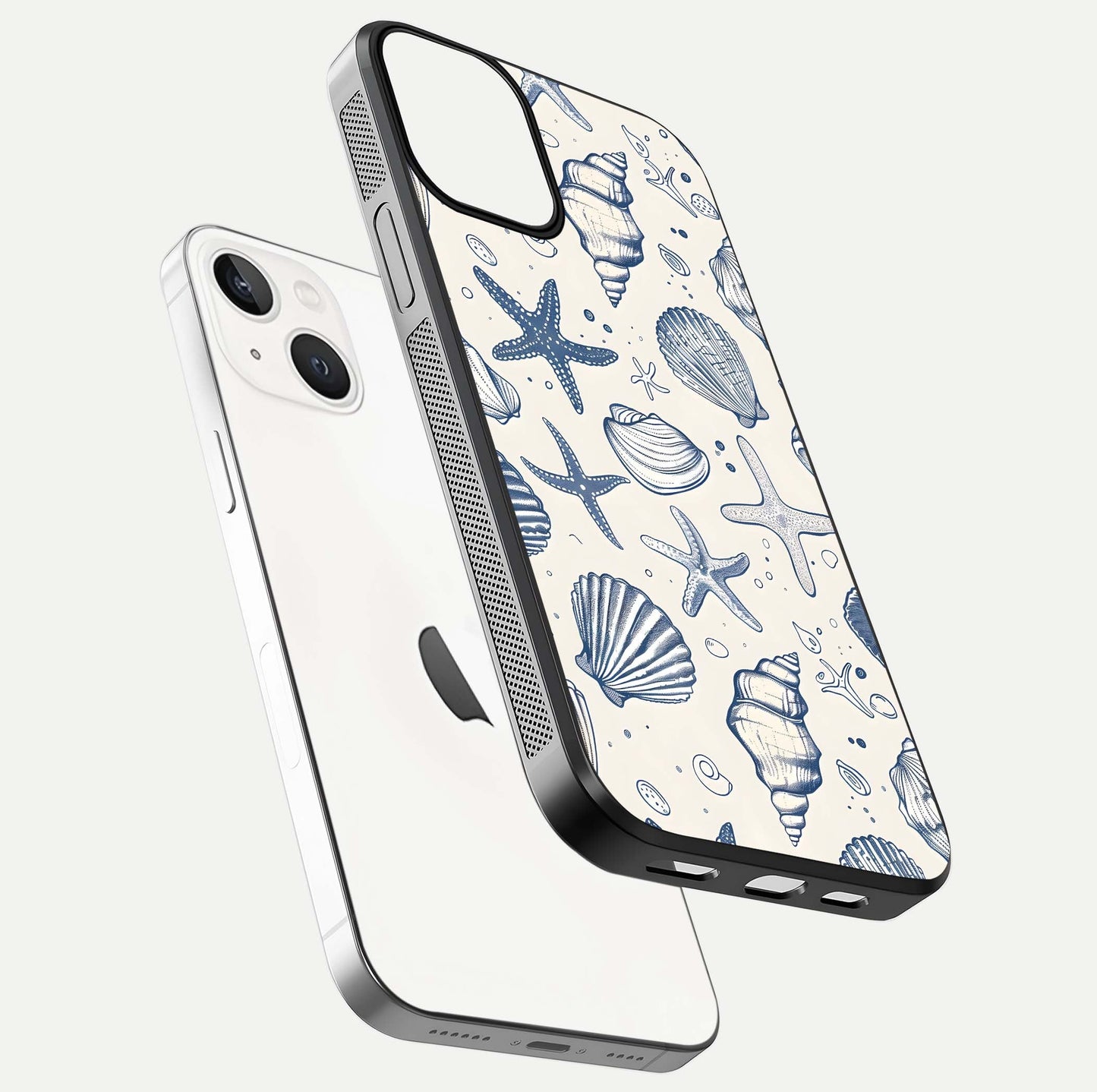 Blue Ocean Outline Glass Case for iPhone 13 Mini floating mockup displaying marine-inspired aesthetic and smooth surface