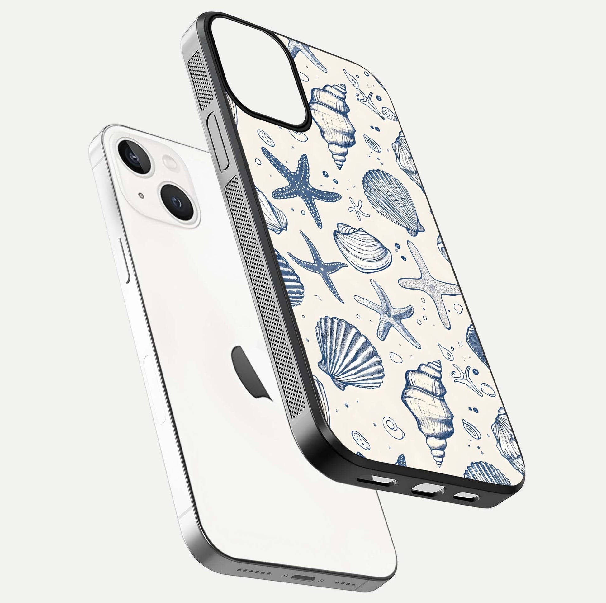 Blue Ocean Outline Glass Case for iPhone 13 Mini floating mockup displaying marine-inspired aesthetic and smooth surface