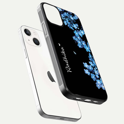 Blue Petal Dream Custom Name Glass Case for iPhone 13 Mini floating mockup capturing floral tones and glass shine