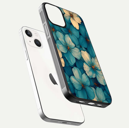 Blue Shade Floral Glass Case for iPhone 13 Mini floating mockup revealing gloss highlight and floral depth