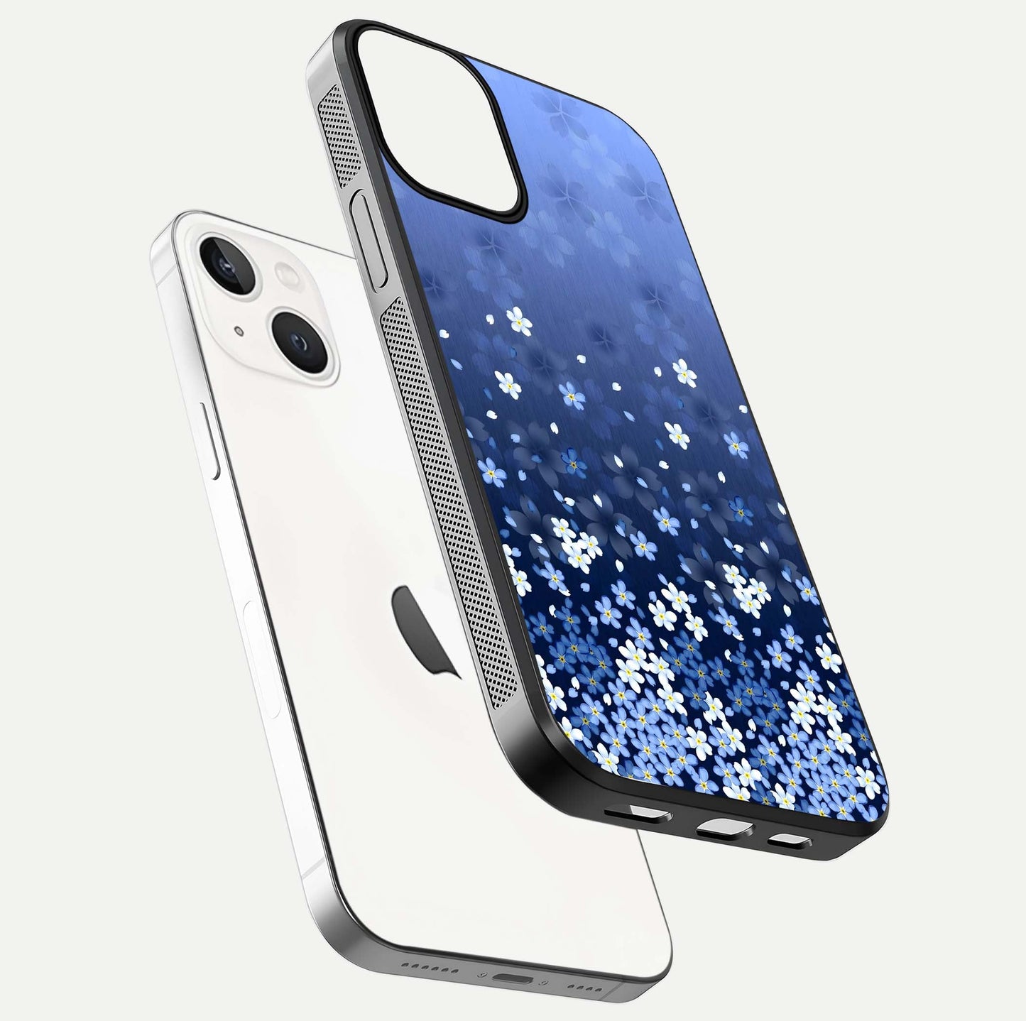 Blue Starry Glass Case for iPhone 13 Mini floating mockup capturing cosmic tone and HD gloss texture
