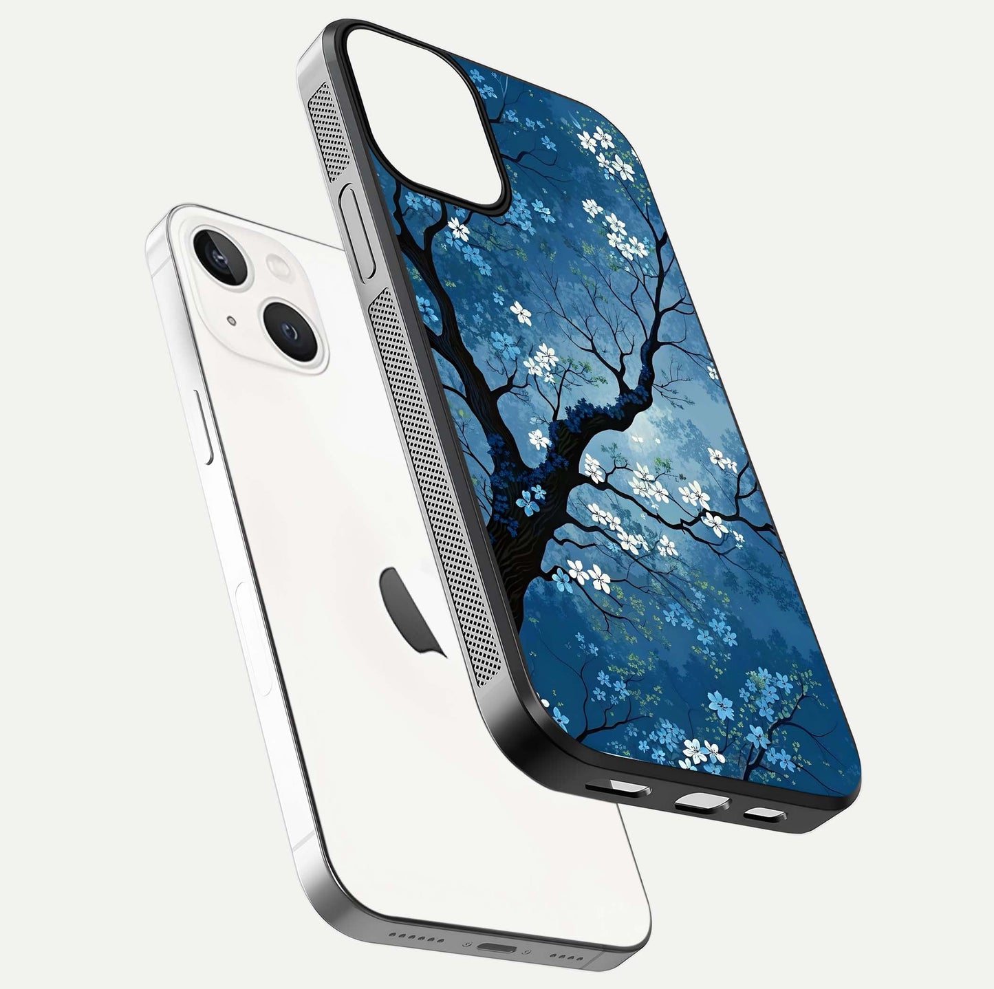 Blue Tree Serenity Glass Case for iPhone 13 Mini floating mockup displaying serene tones and HD glass polish