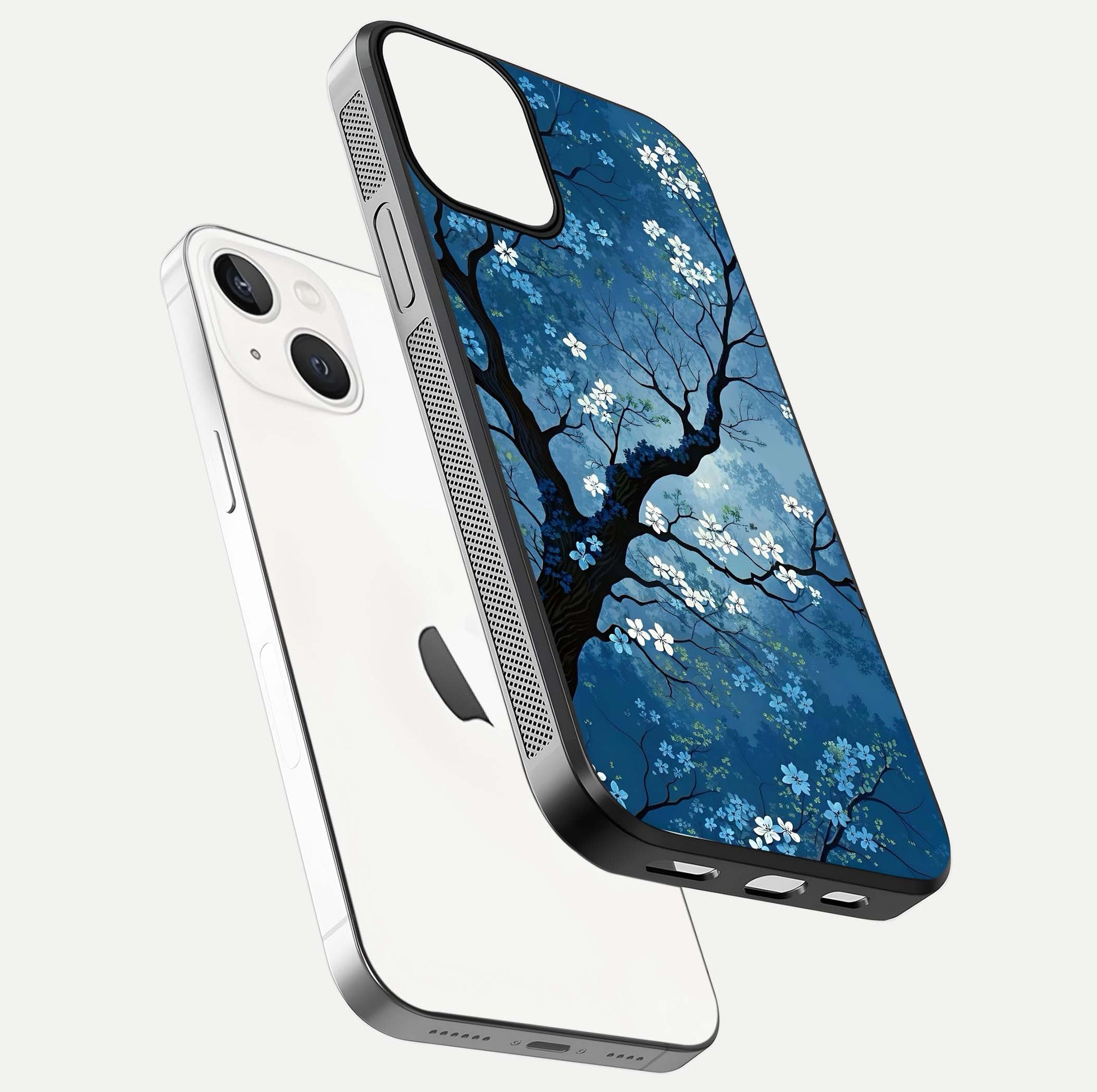 Blue Tree Serenity Glass Case for iPhone 13 Mini floating mockup displaying serene tones and HD glass polish