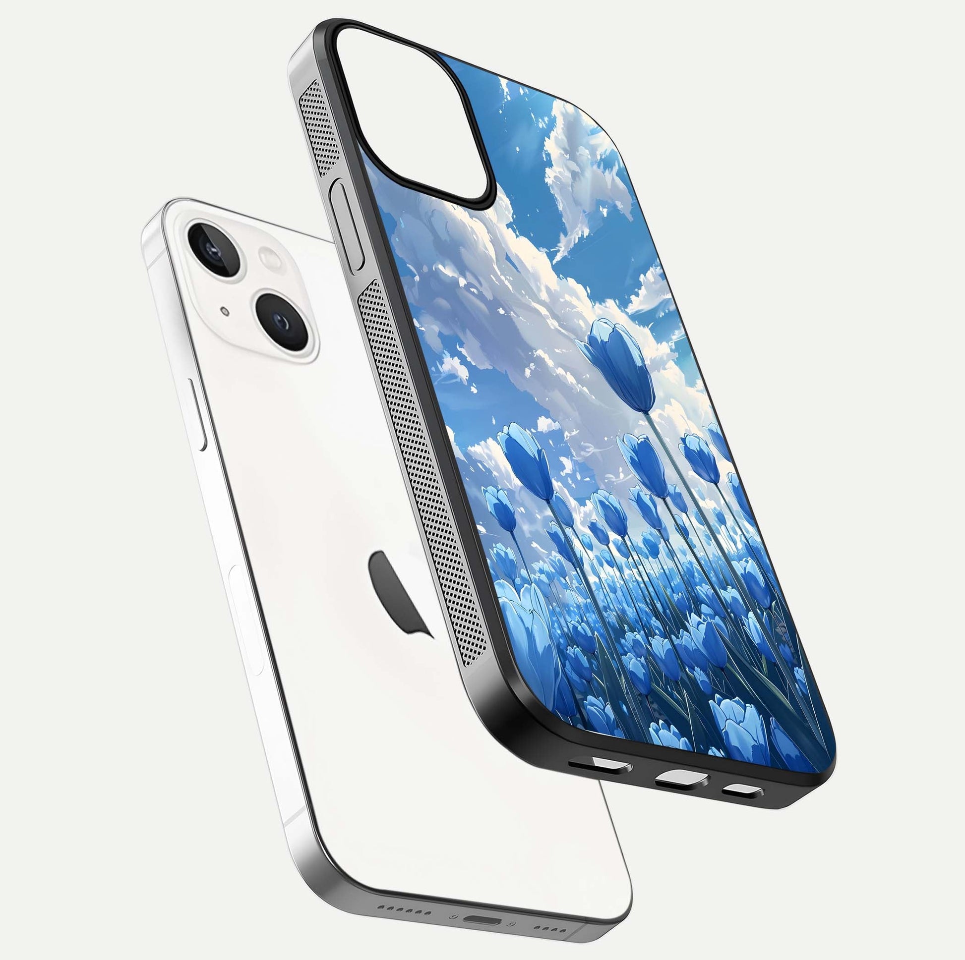 Blue Tulip Clouds Glass Case for iPhone 13 Mini floating mockup displaying tulip-cloud fusion art and smooth glass gloss