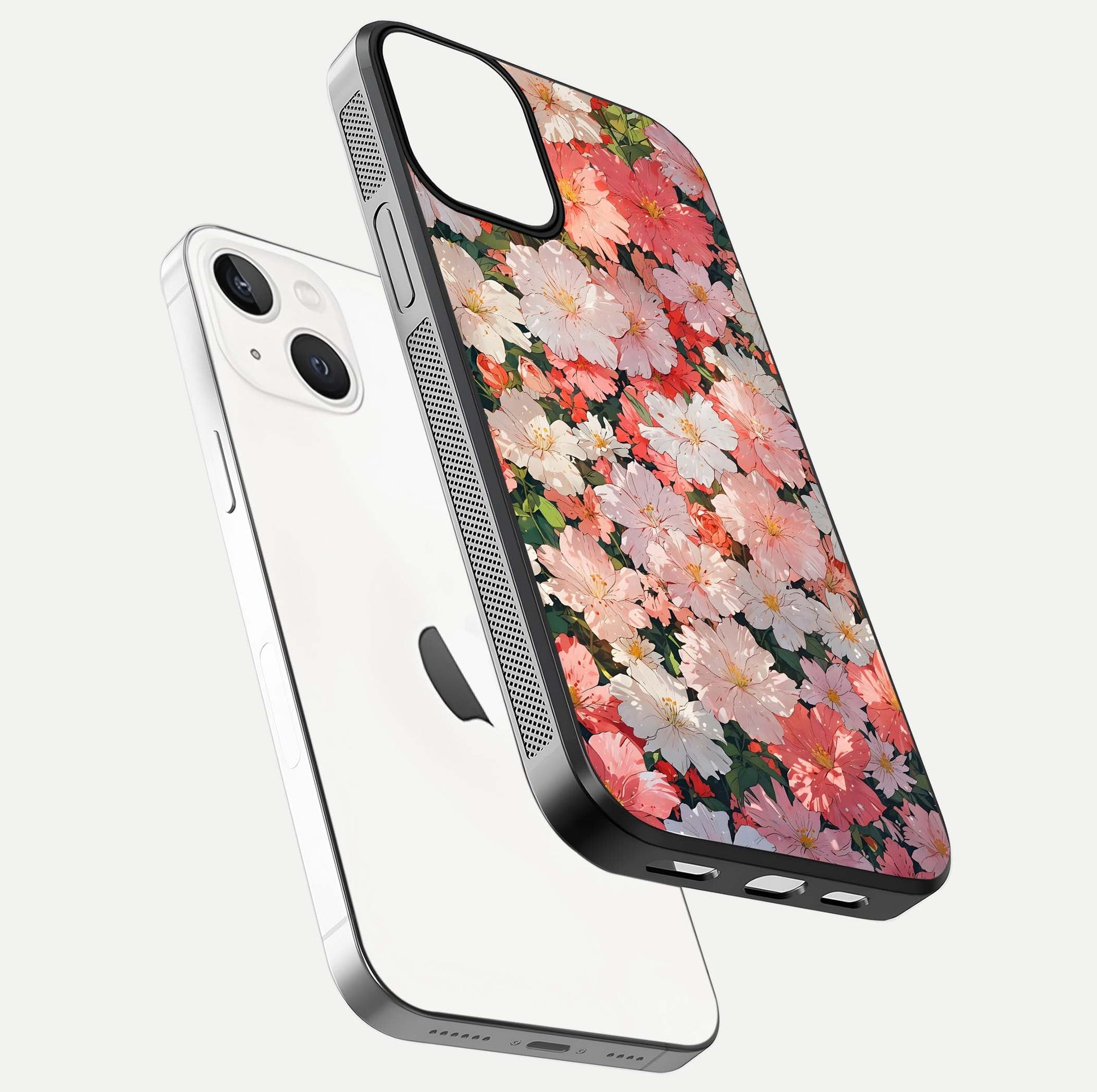 Blush Bloom Field Glass Case for iPhone 13 Mini floating mockup highlighting floral spread and edge reflection