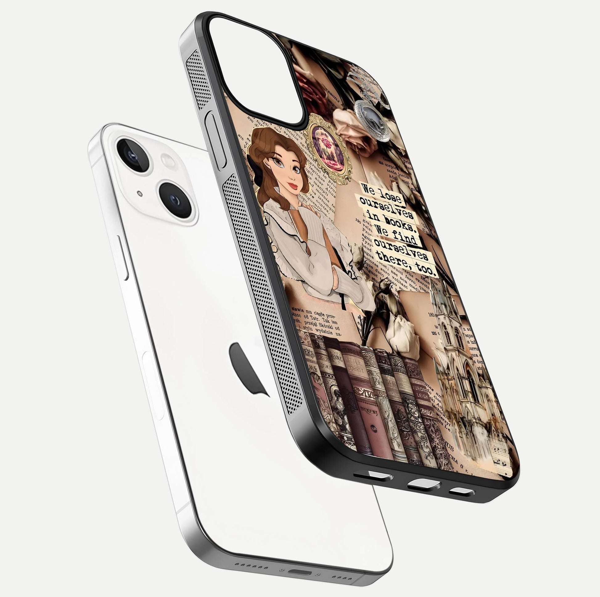 Bookish Dream World Glass Case for iPhone 13 Mini floating mockup capturing gloss shine and artistic balance
