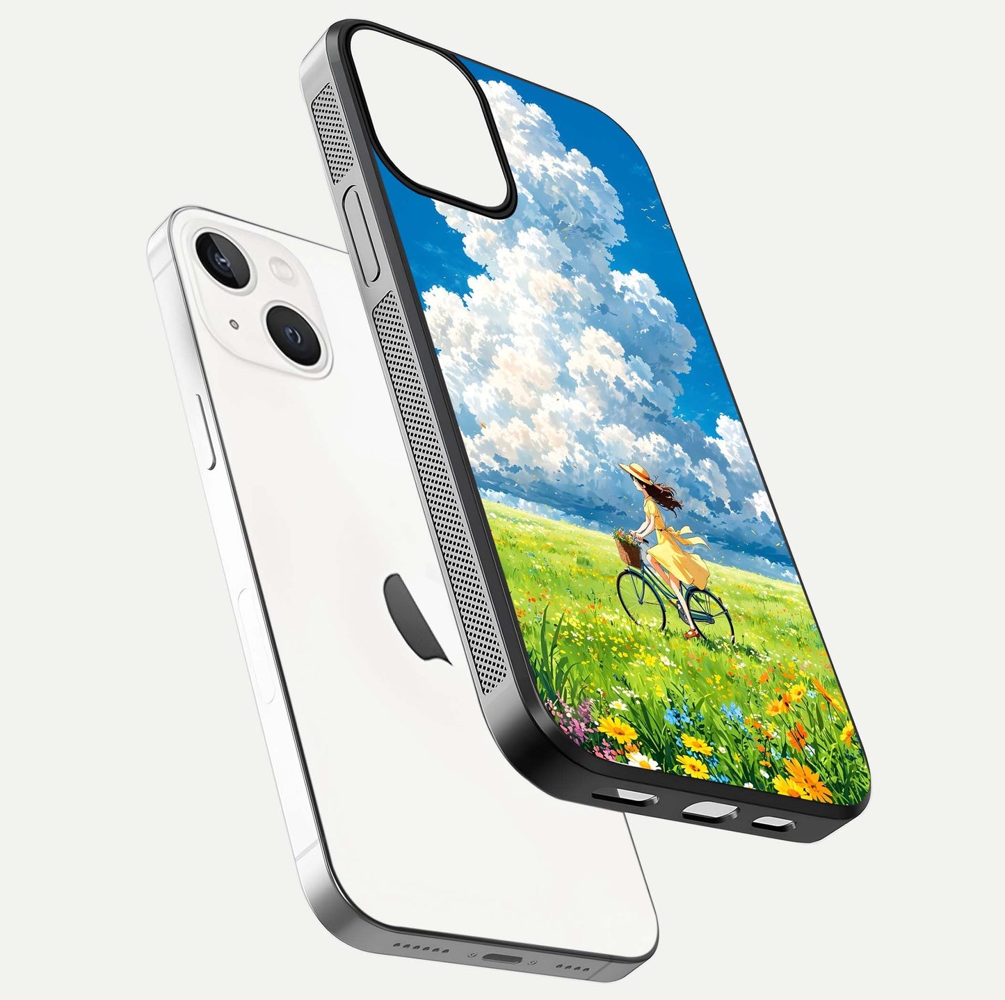 Breezy Meadow Ride Glass Case for iPhone 13 Mini floating mockup capturing serene tones and smooth finish