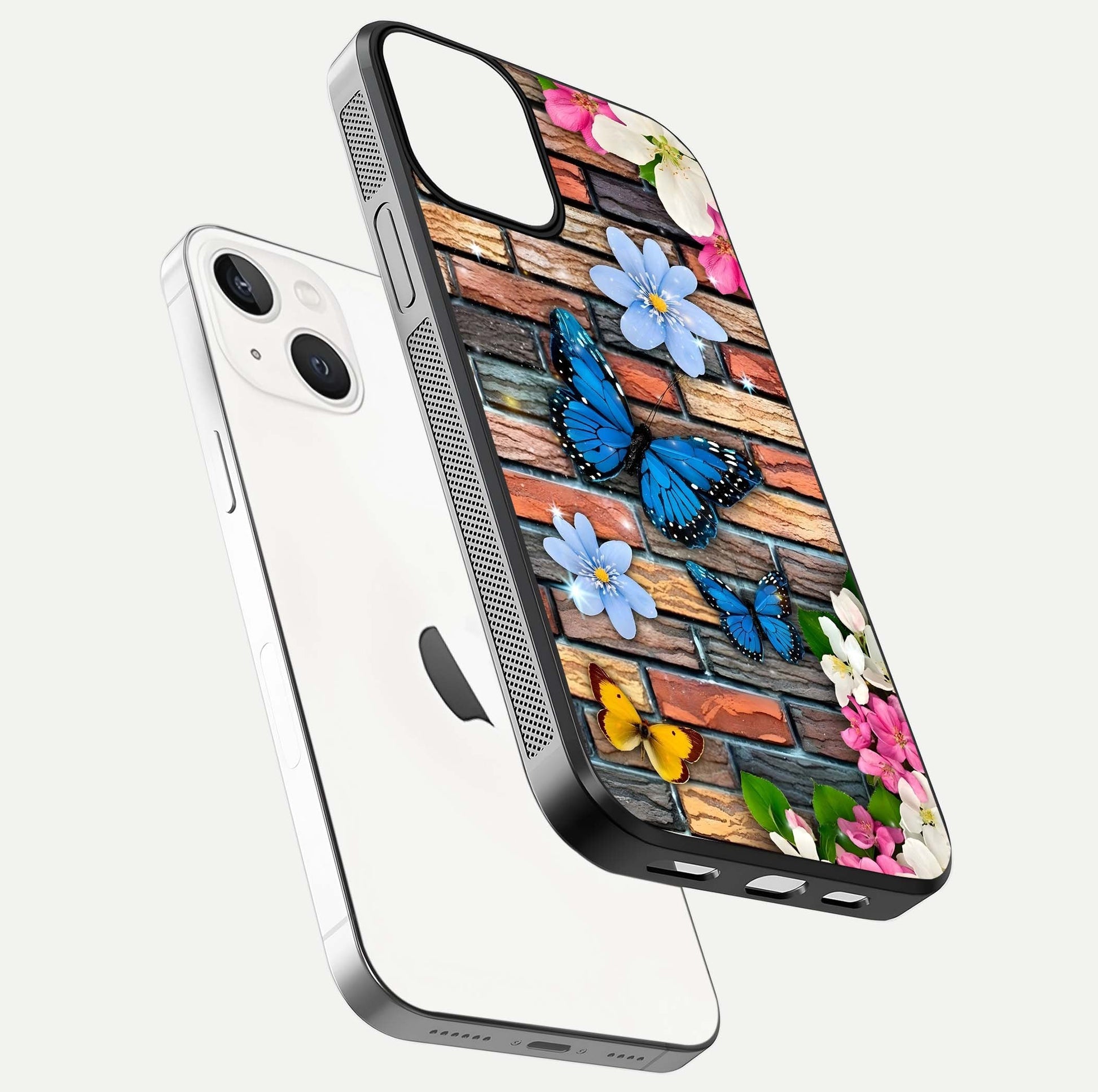 Brick Bloom Flight Glass Case for iPhone 13 Mini floating mockup displaying gloss reflection and pattern vibrancy