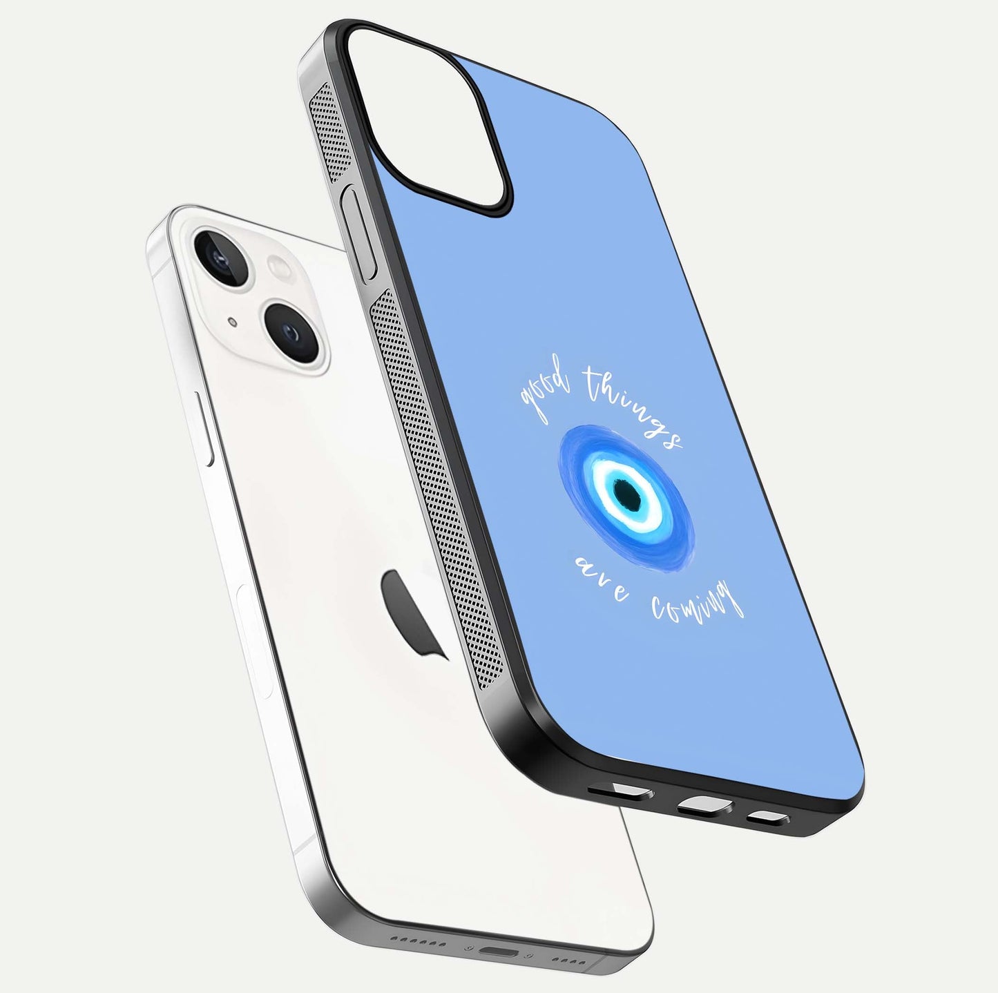 Bright Future Ahead Glass Case for iPhone 13 Mini floating mockup showing sleek design and positive quote print