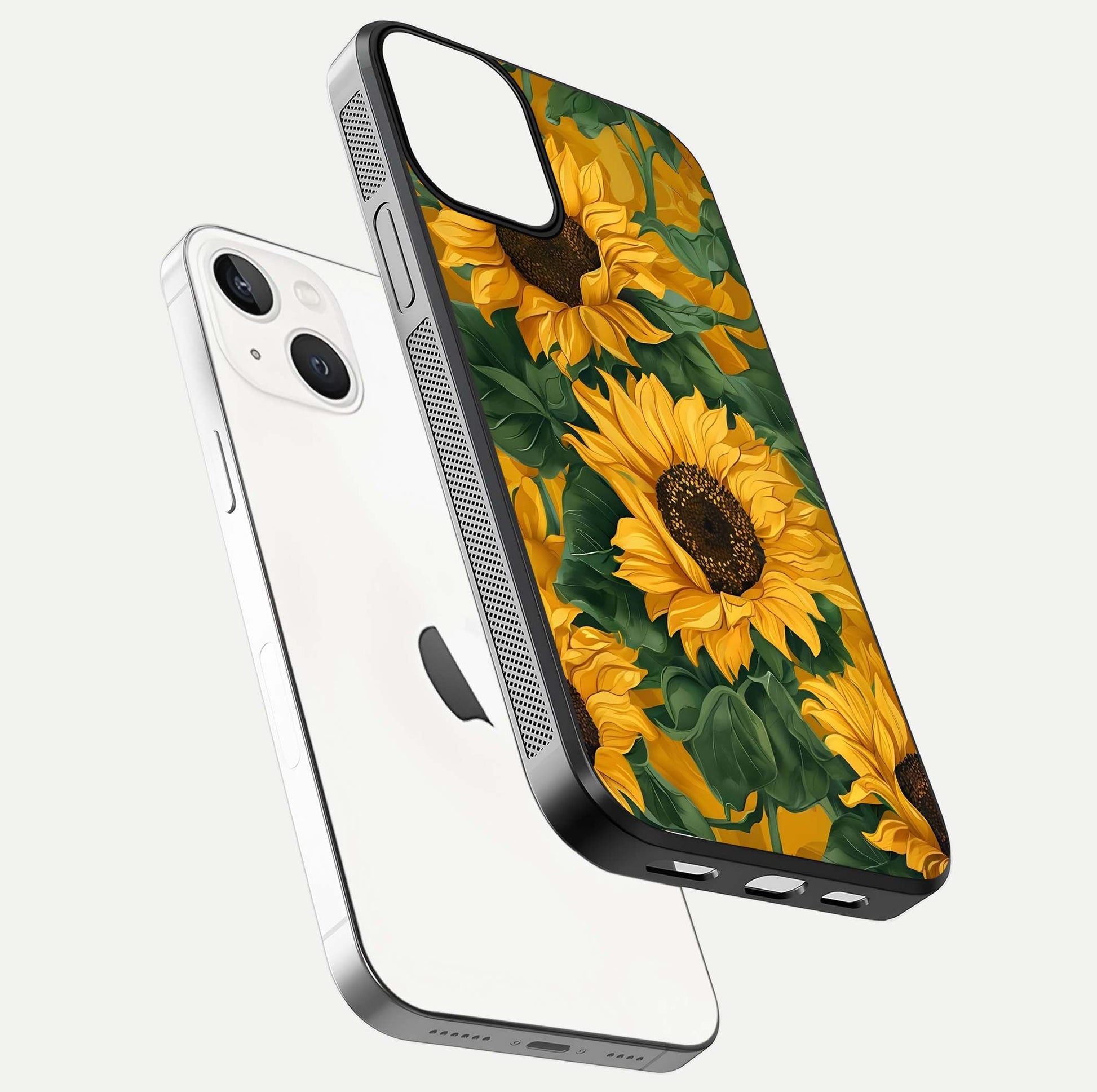 Bright Sunflower Bloom Glass Case for iPhone 13 Mini floating mockup capturing vibrant tones and gloss surface