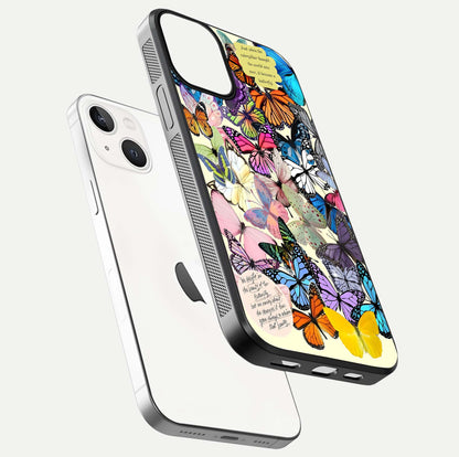 Butterflies Petal Dream Glass Case for iPhone 13 Mini floating mockup displaying detailed print and premium glass glow