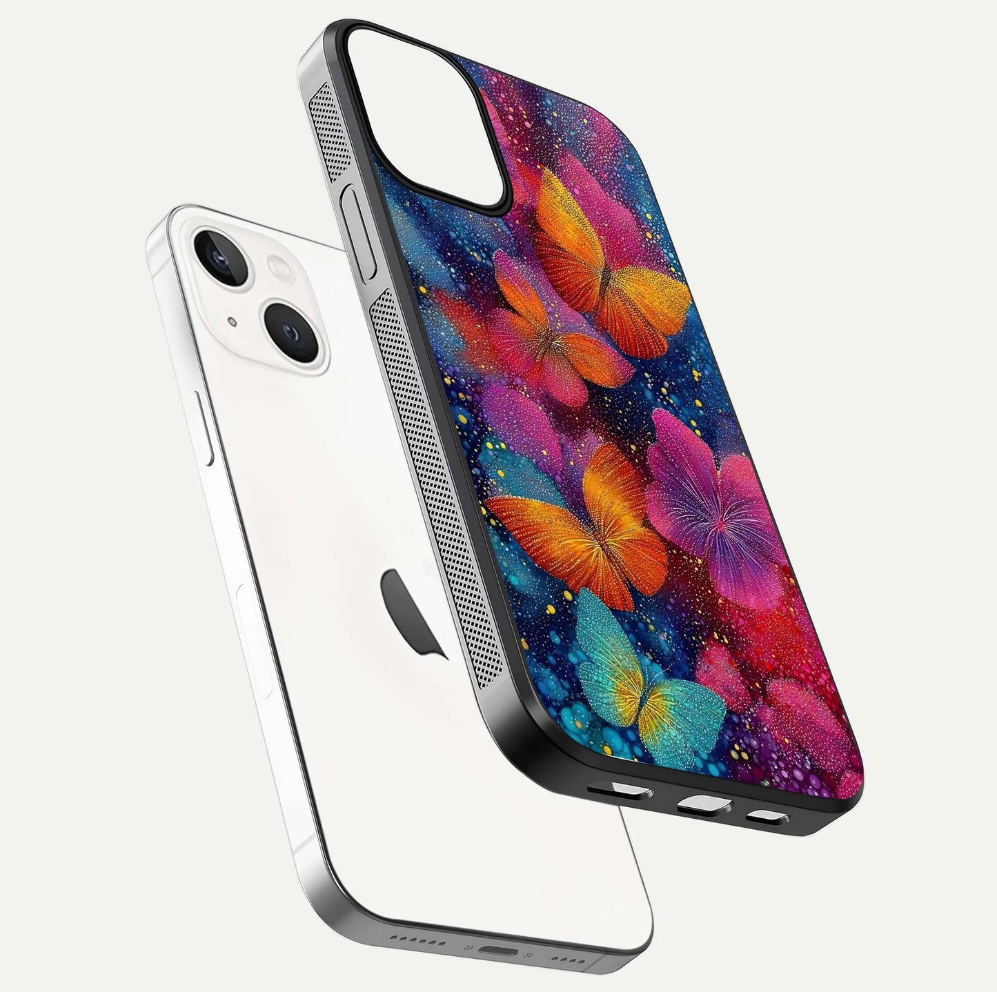Butterfly Dream Mist Glass Case for iPhone 13 Mini floating mockup displaying glass shine and ethereal art depth