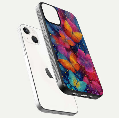 Butterfly Dream Mist Glass Case for iPhone 13 Mini floating mockup displaying glass shine and ethereal art depth