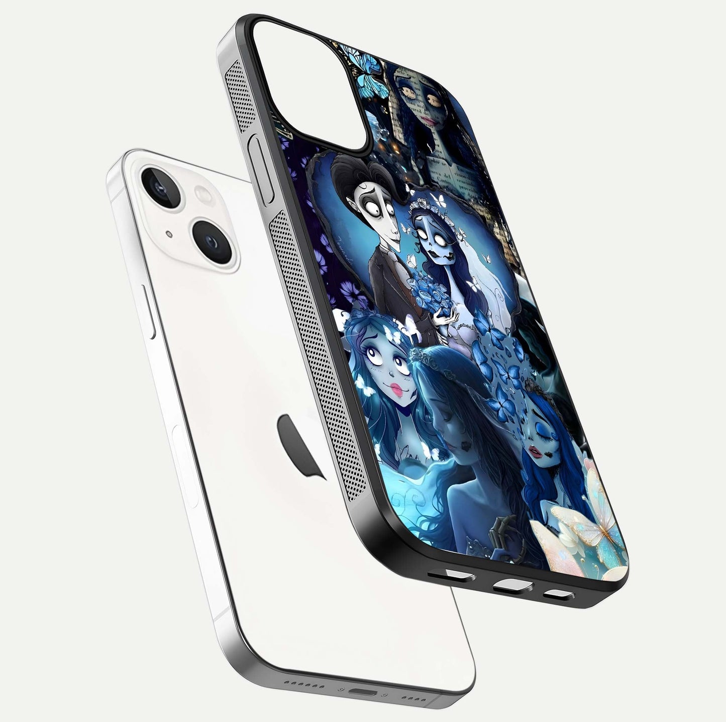 Butterfly Ghost Soul Glass Case for iPhone 13 Mini floating mockup showcasing spirit-like butterfly detail and gloss