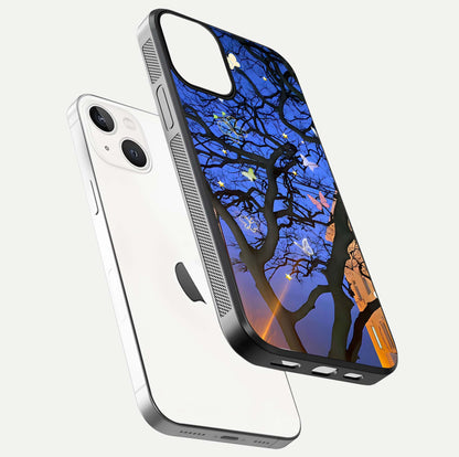 Butterfly Night Magic Glass Case for iPhone 13 Mini floating mockup showing night glow and smooth polish