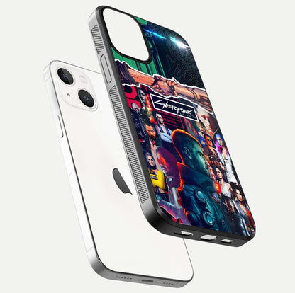 CYBERPUNK Legacy Glass Case for iPhone 13 Mini floating mockup showing HD gloss and neon glow detail