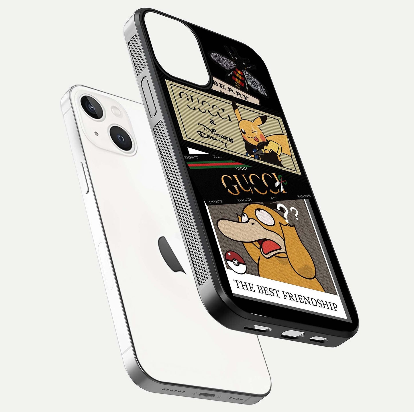 Cartoon Brand Play Mashup Glass Case for iPhone 13 Mini floating dual-view mockup showing gloss surface and vivid reflection