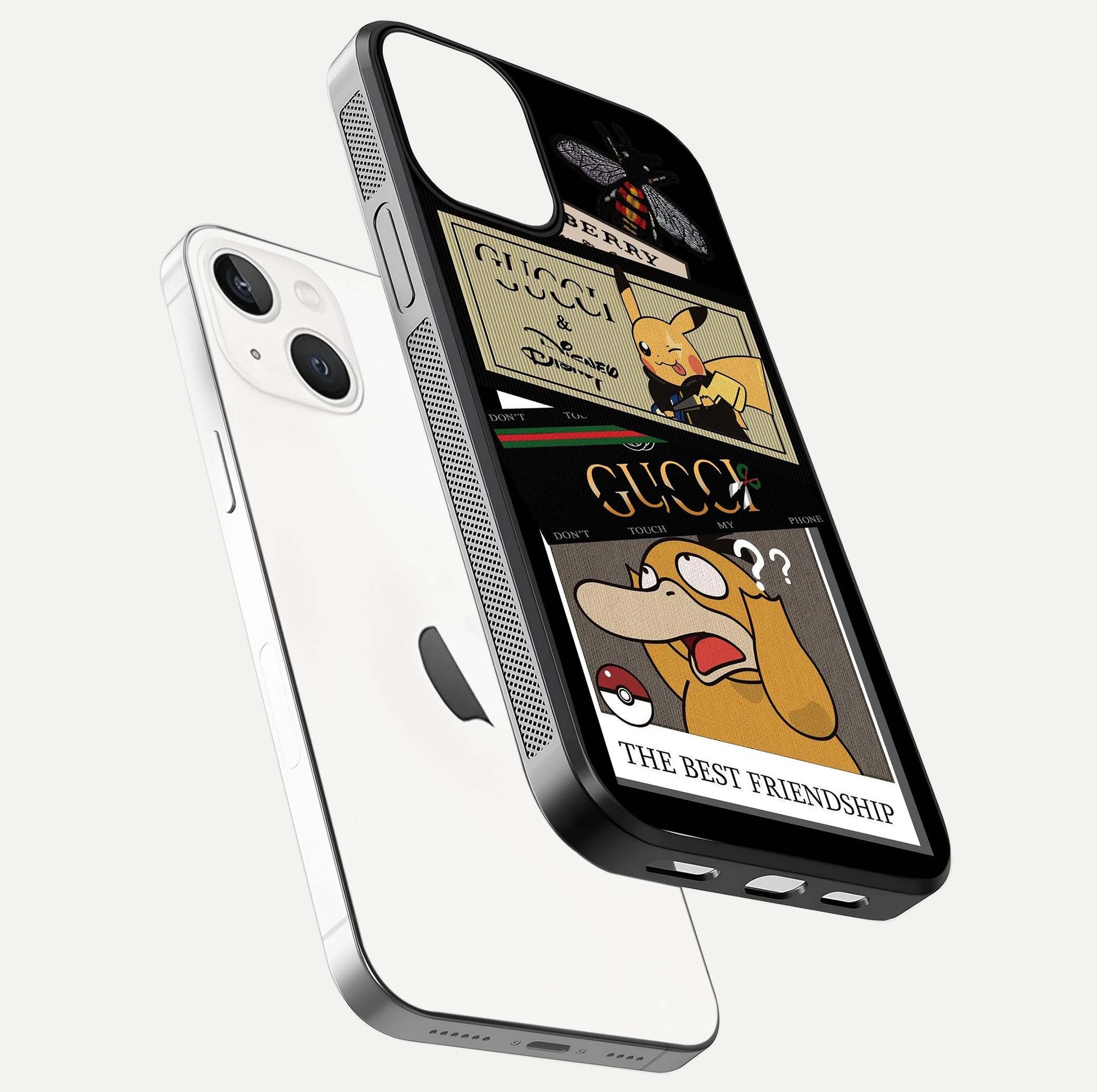 Cartoon Brand Play Mashup Glass Case for iPhone 13 Mini floating dual-view mockup showing gloss surface and vivid reflection