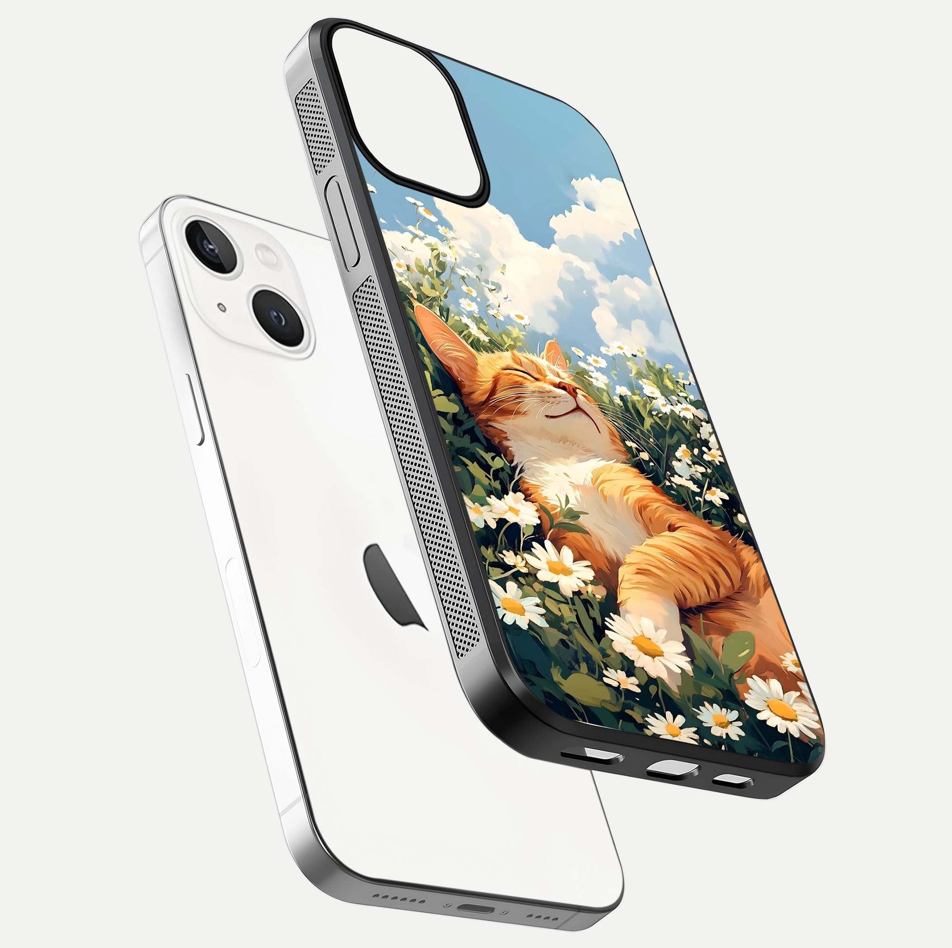 Cat & Flowers View Glass Case for iPhone 13 Mini floating mockup showing design reflection and protective edges