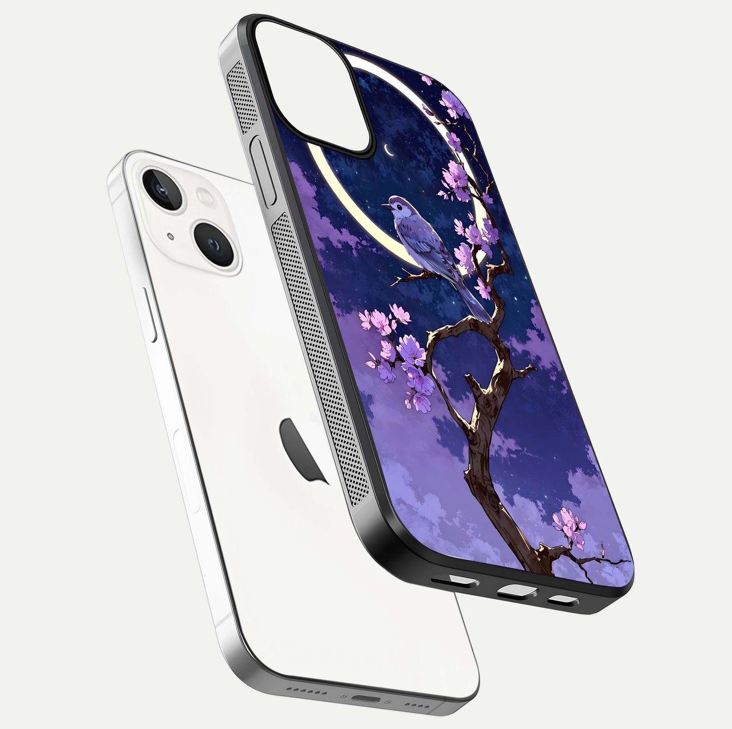 Celestial Bird Blossom Glass Case for iPhone 13 Mini floating mockup showing cosmic floral tones and HD gloss