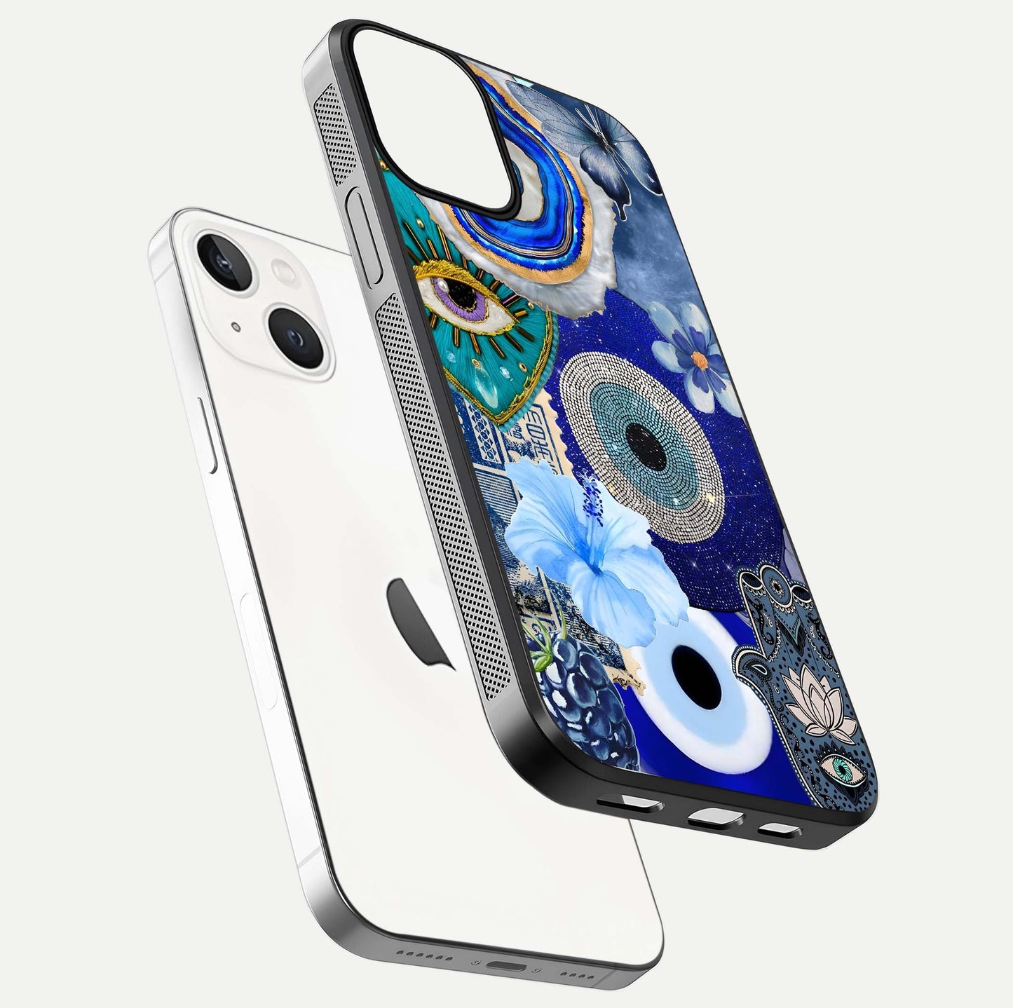 Celestial Blue Vision Glass Case for iPhone 13 Mini floating mockup showing gloss depth and night-sky pattern