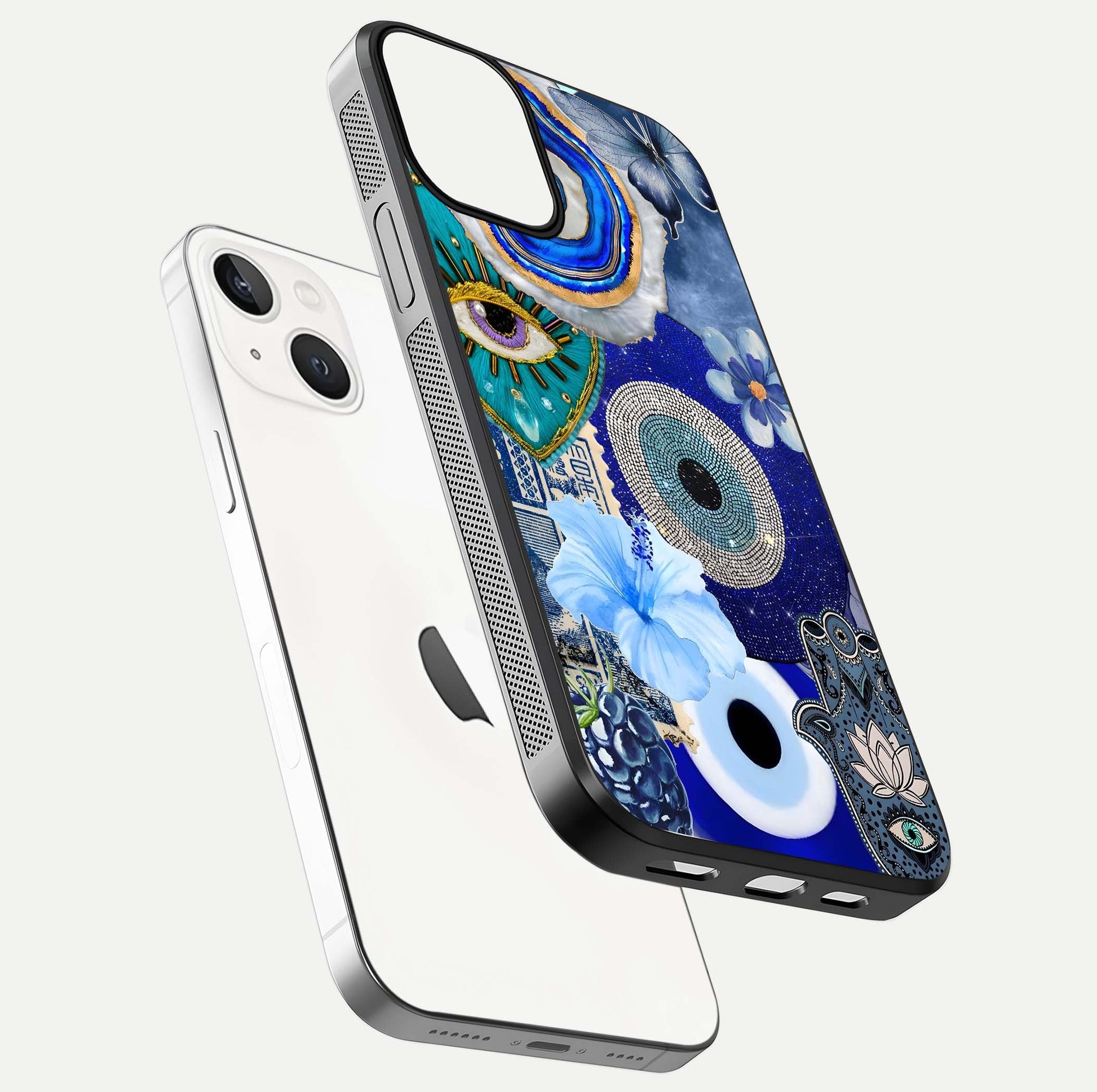 Celestial Blue Vision Glass Case for iPhone 13 Mini floating mockup showing gloss depth and night-sky pattern