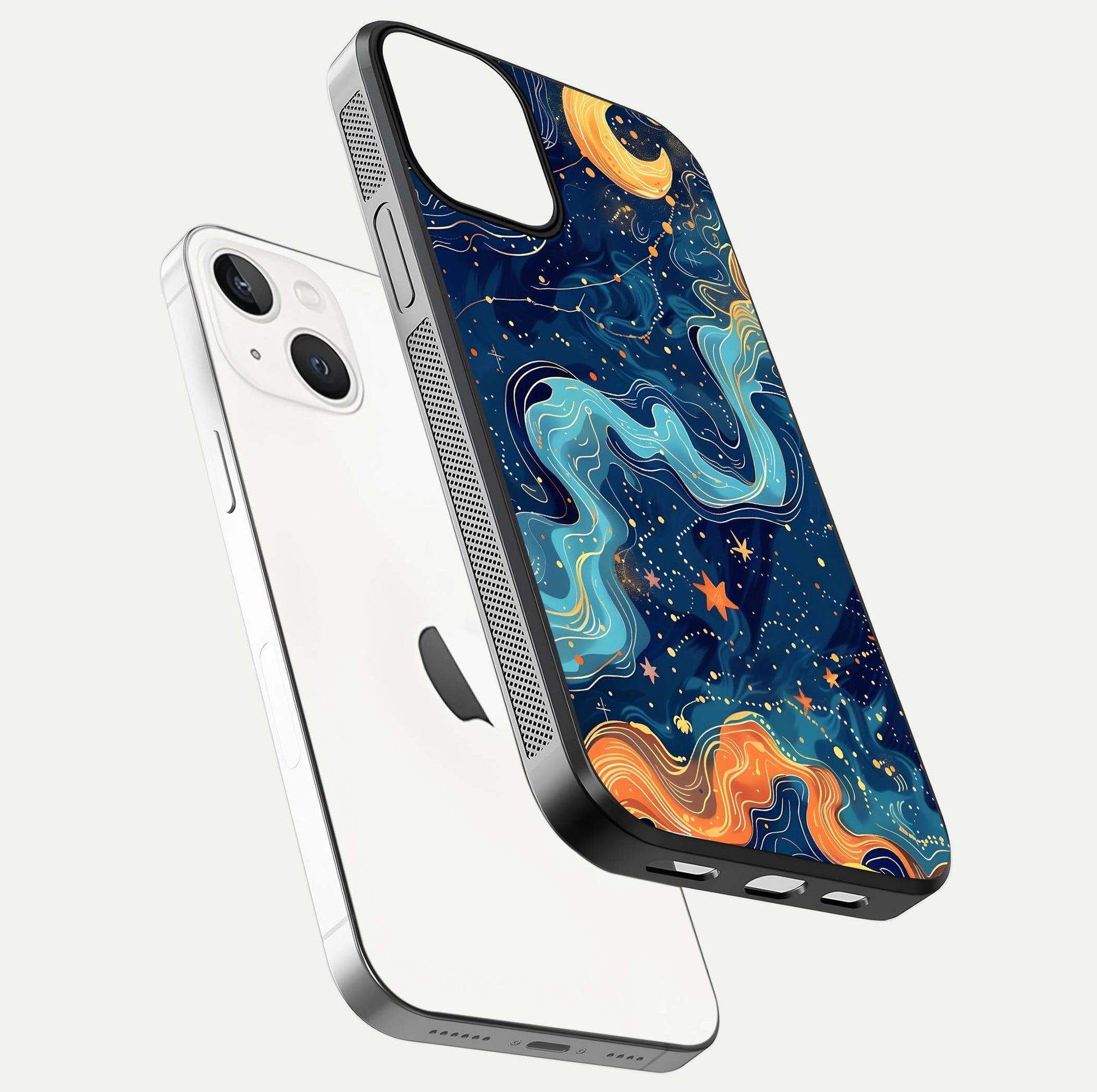 Celestial Dream Flow Glass Case for iPhone 13 Mini floating mockup displaying gloss shimmer and artistic composition