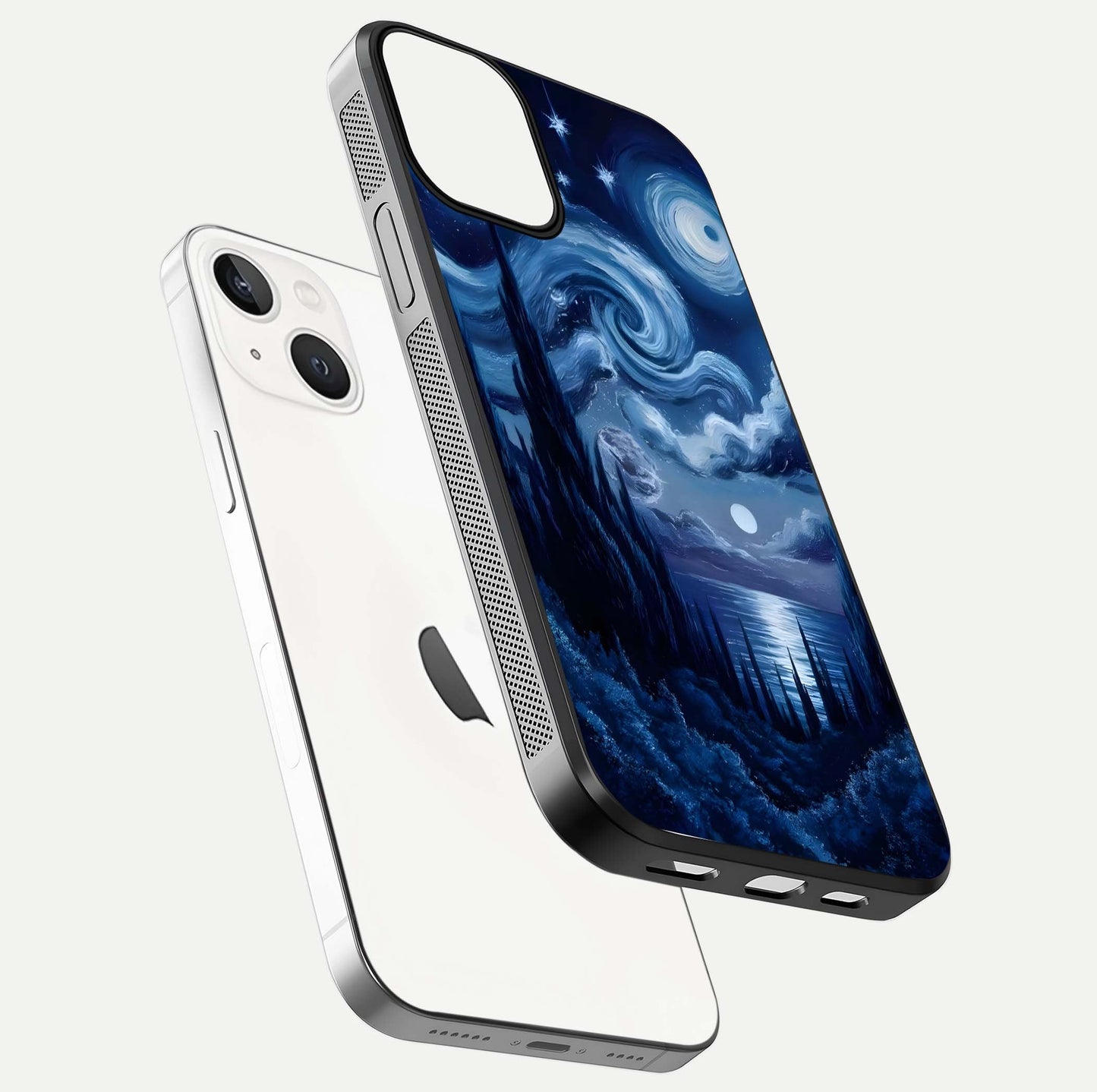 Celestial Dream Van Gogh Glass Case for iPhone 13 Mini floating mockup highlighting cosmic tones and smooth gloss