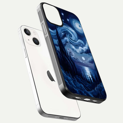 Celestial Dream Van Gogh Glass Case for iPhone 13 Mini floating mockup highlighting cosmic tones and smooth gloss