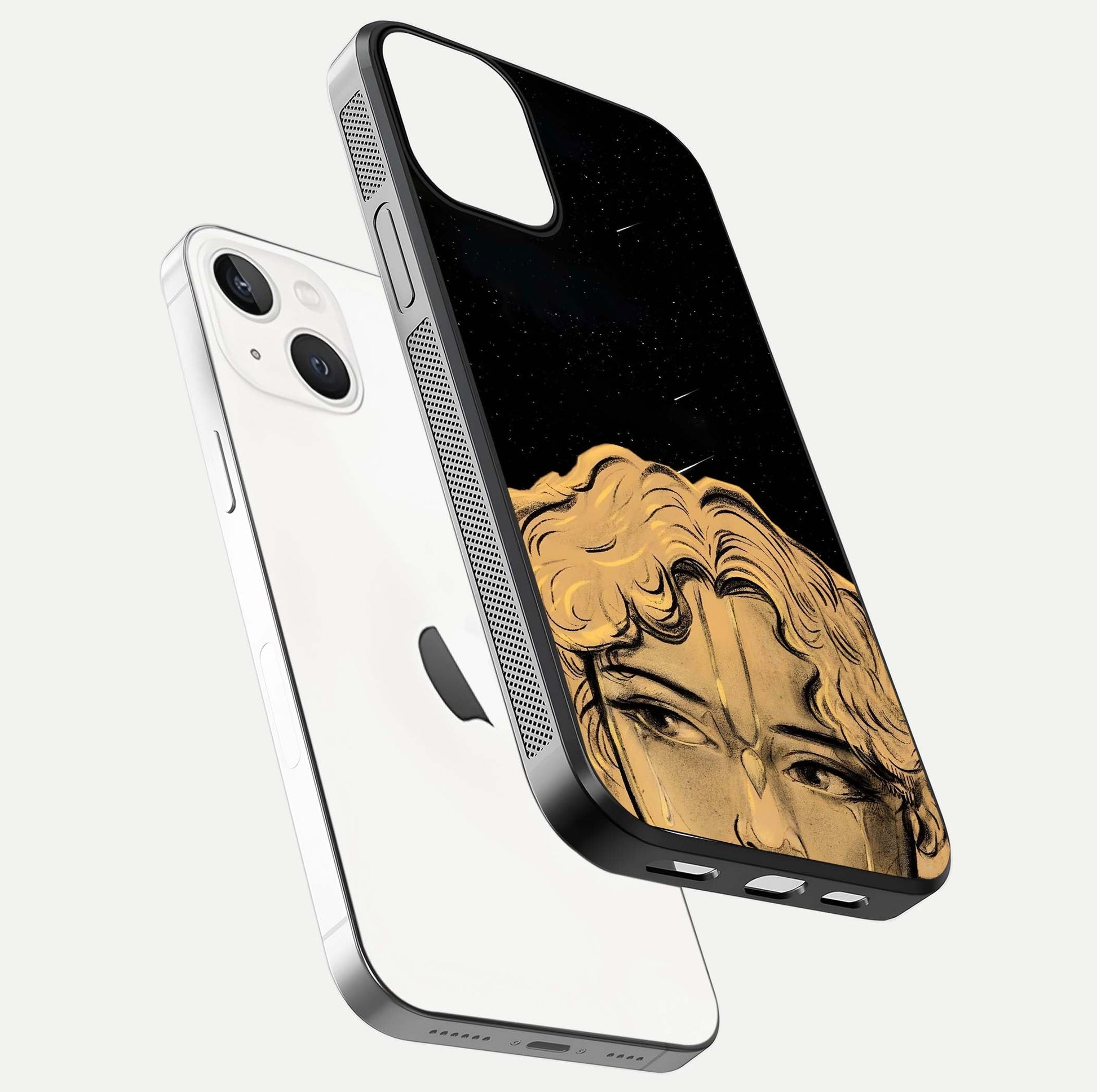 Celestial God’s Plan Glass Case for iPhone 13 Mini floating dual-view mockup displaying gloss surface and vivid print