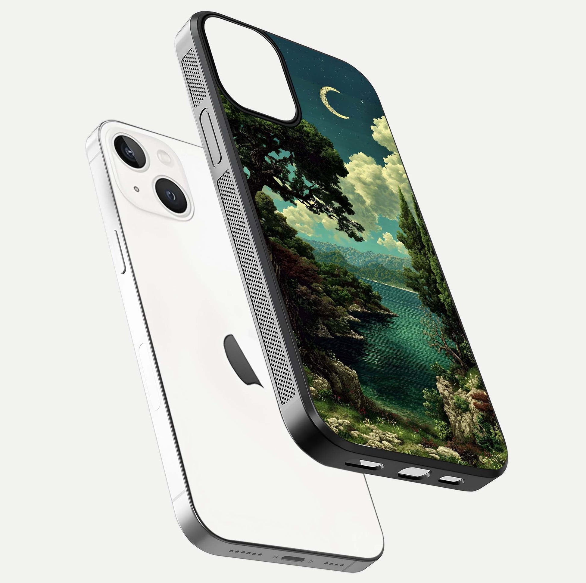 Celestial Lake Peace Glass Case for iPhone 13 Mini floating mockup capturing calm tones and smooth polish