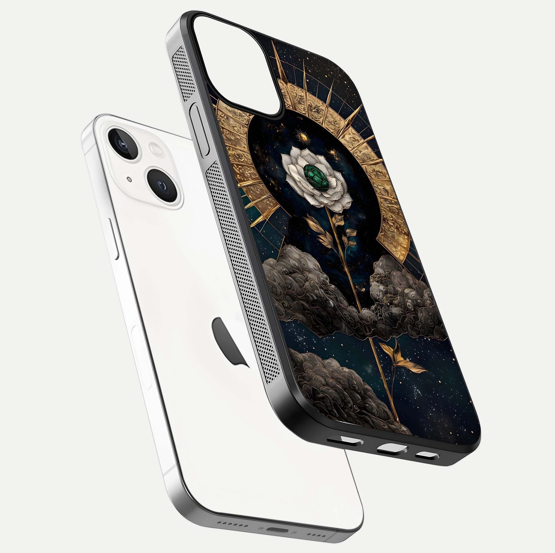 Celestial Lotus Morang Glass Case for iPhone 13 Mini floating mockup showing gloss depth and cosmic lotus glow