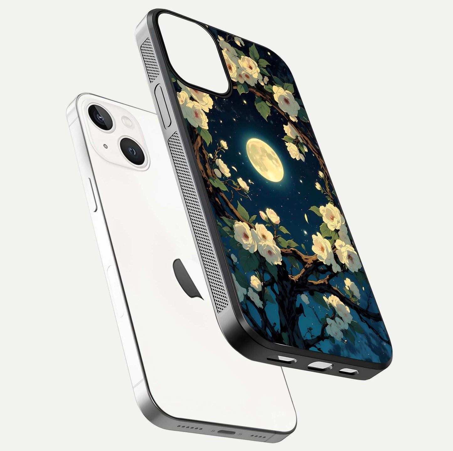 Celestial Moon & Flower Glass Case for iPhone 13 Mini floating mockup emphasizing HD shine and delicate texture
