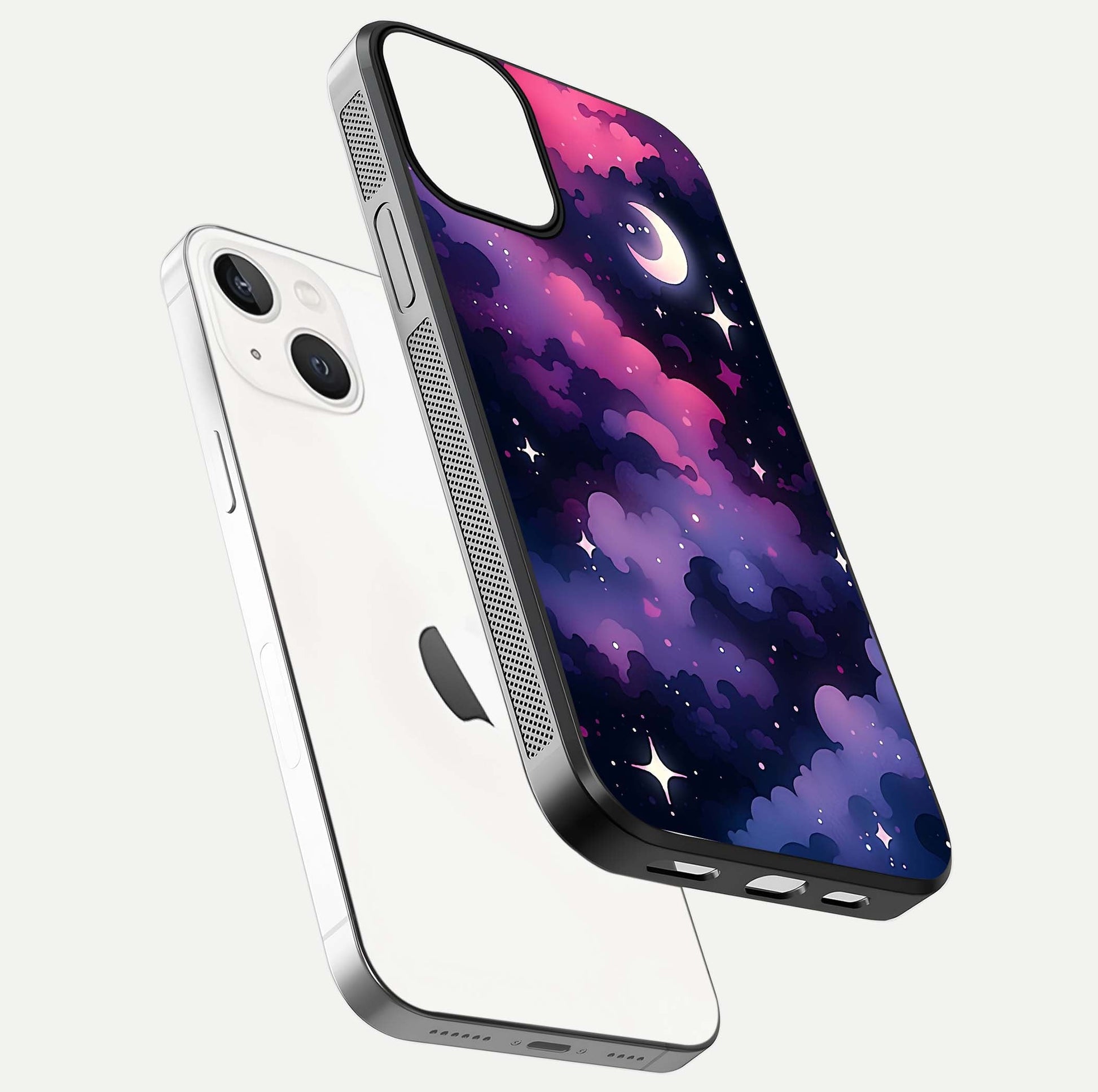 Celestial Moon Magic Glass Case for iPhone 13 Mini floating mockup showing reflection gradient and smooth polish