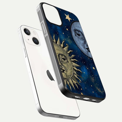 Celestial Moon With Sun Glass Case for iPhone 13 Mini floating mockup displaying vibrant contrast and HD gloss
