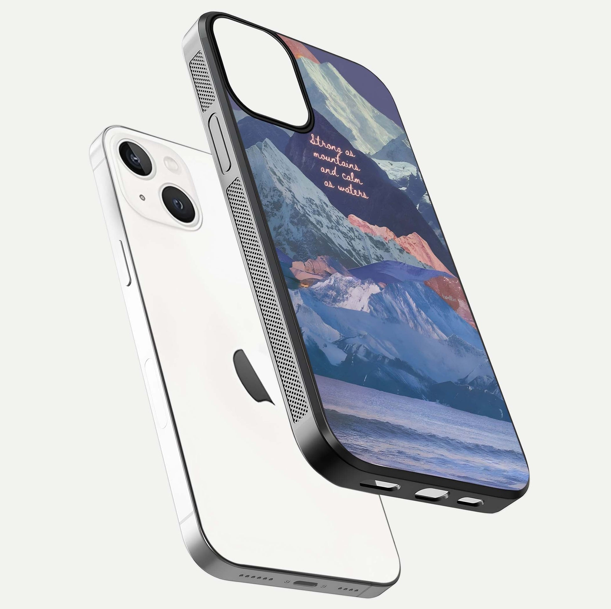 Celestial Mountain Calm Glass Case for iPhone 13 Mini floating mockup showing glow depth and polished edges