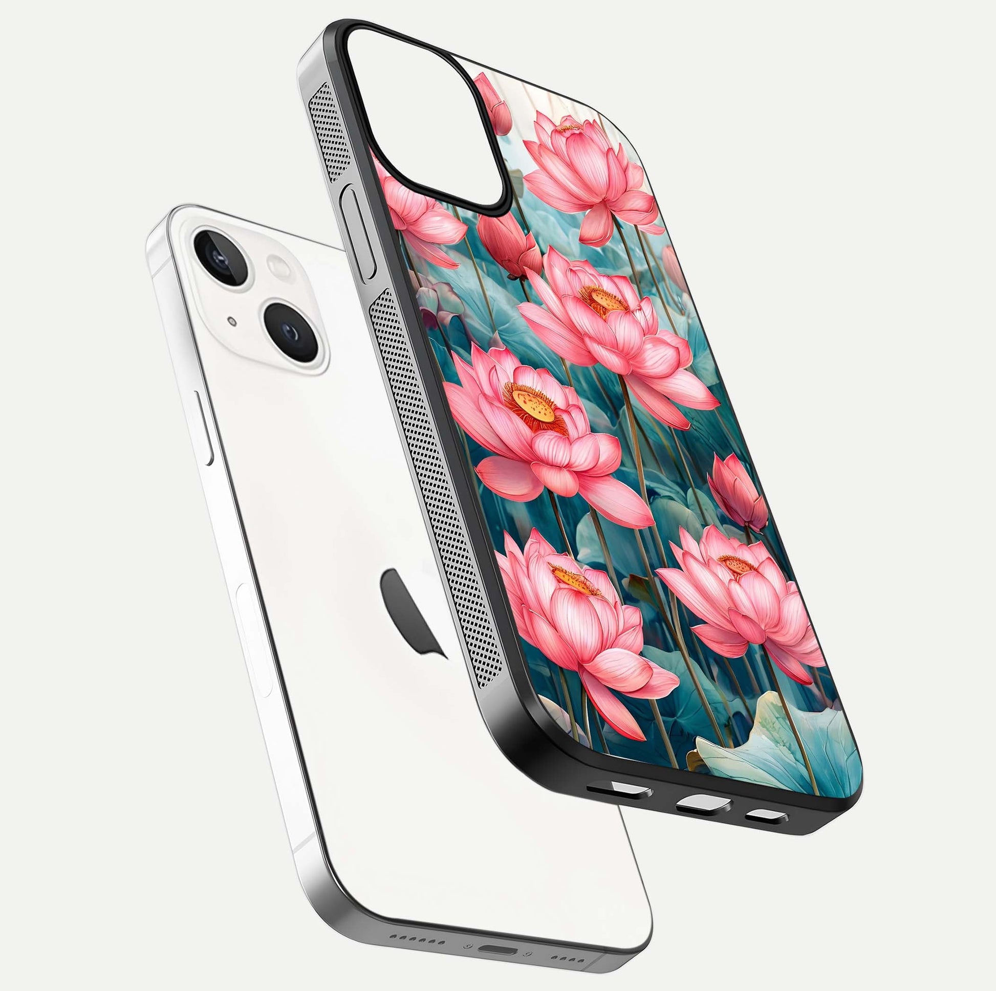 Celestial Pink Lotus Glass Case for iPhone 13 Mini floating mockup displaying cosmic tone and gloss surface