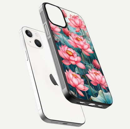 Celestial Pink Lotus Glass Case for iPhone 13 Mini floating mockup displaying cosmic tone and gloss surface