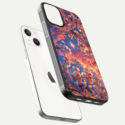 Celestial Sakura Sunset Glass Case for iPhone 13 Mini floating mockup capturing sunset hue and smooth gloss