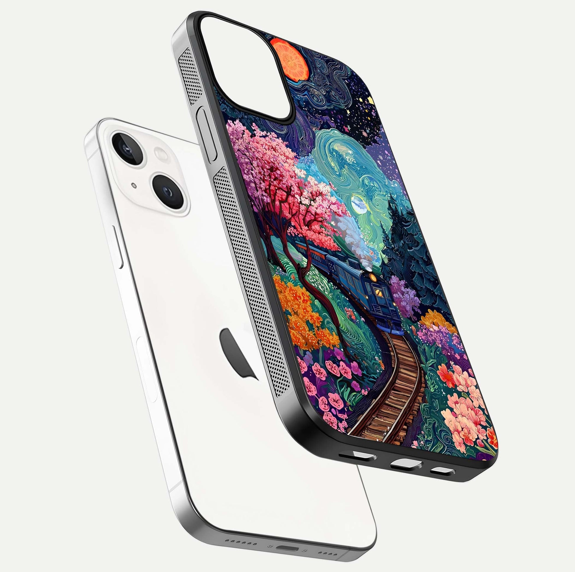 Celestial Train Journey Glass Case for iPhone 13 Mini floating mockup capturing gloss reflection and deep night hues