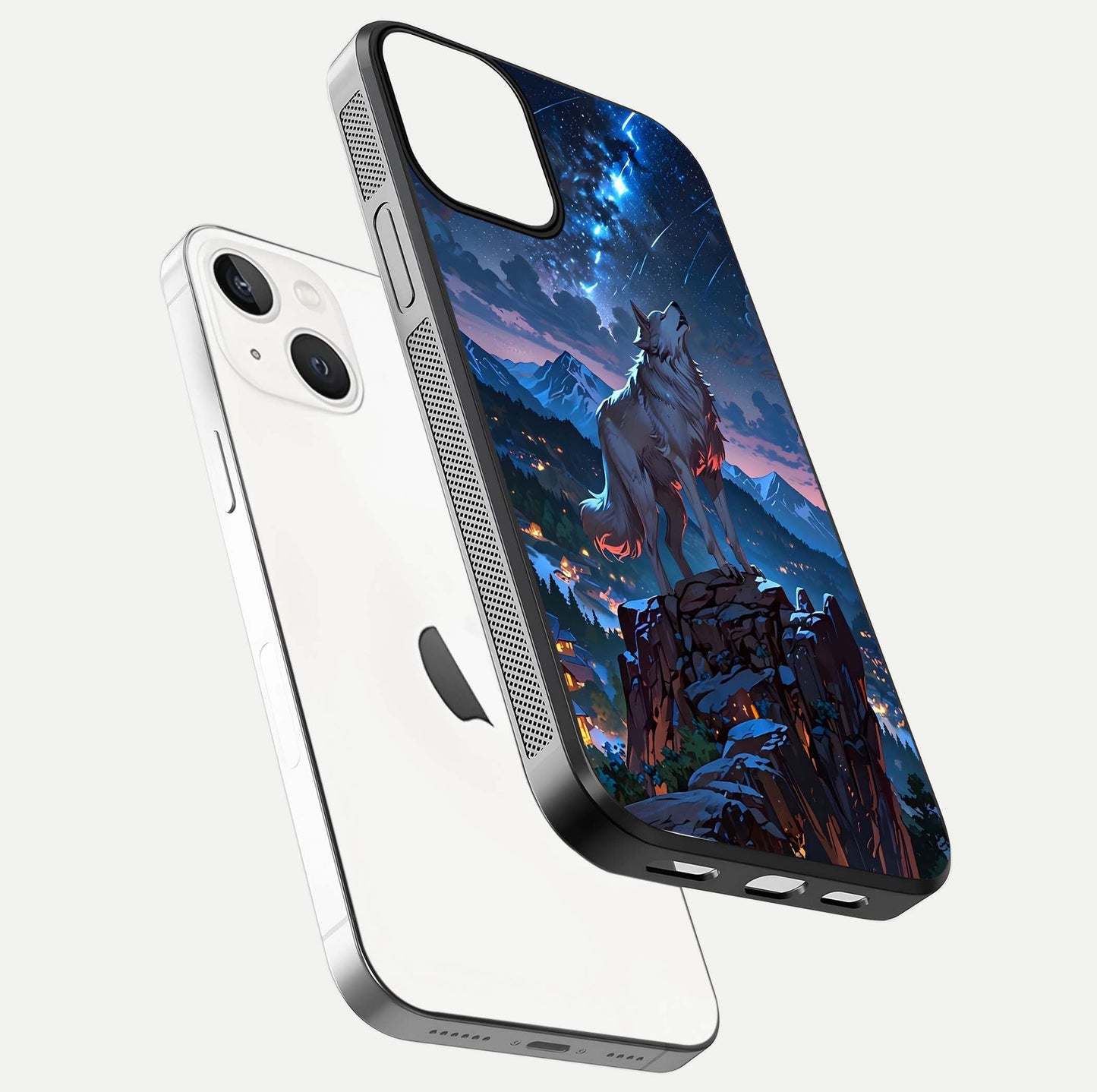 Celestial Wolf Howl Glass Case for iPhone 13 Mini floating mockup capturing reflection depth and silver gloss