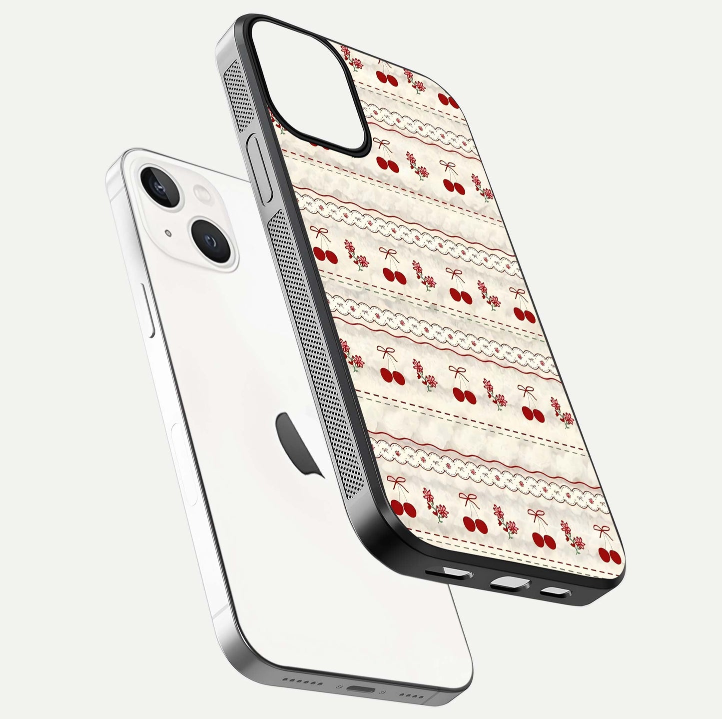 Cherry Bloom Charm Glass Case for iPhone 13 Mini floating mockup showing bloom texture and polished gloss
