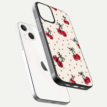 Cherry Heart Bow Glass Case for iPhone 13 Mini floating mockup showing reflection and HD print detail