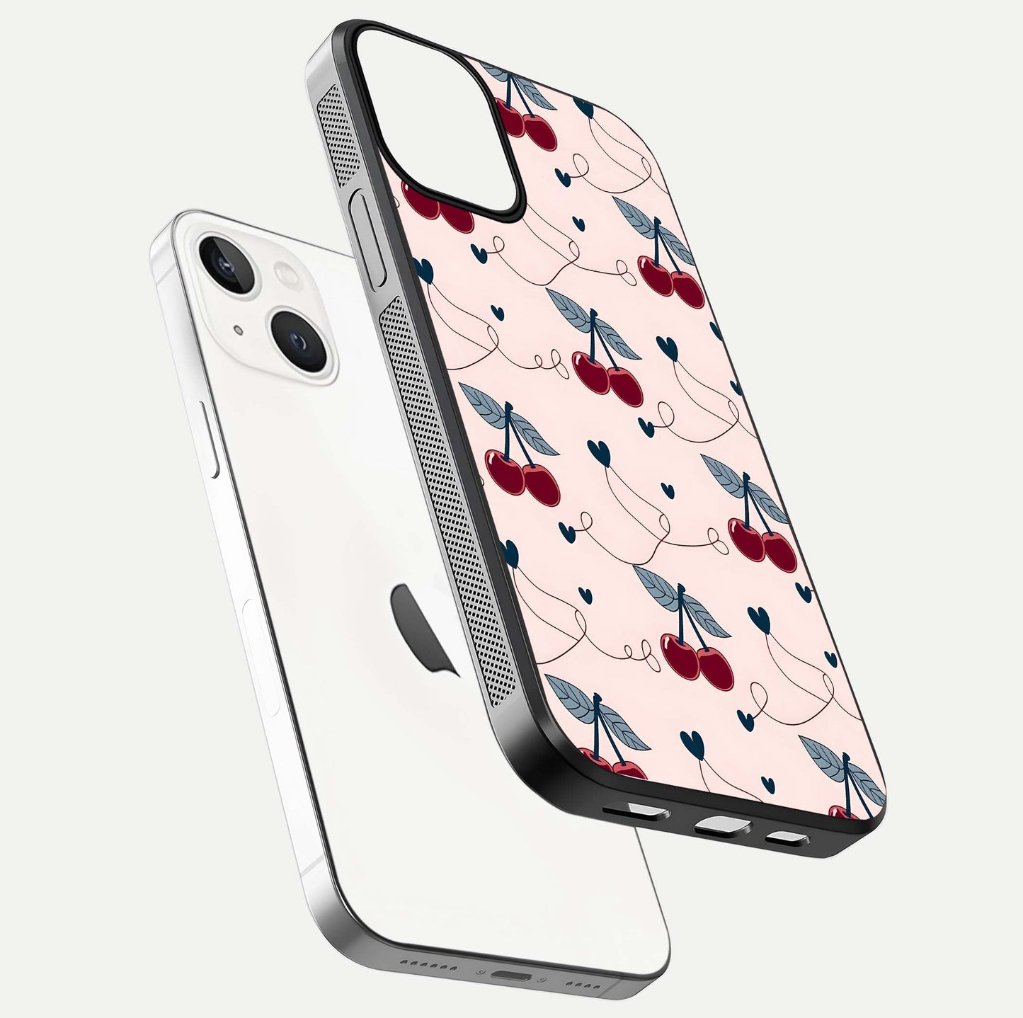 Cherry Heart Line Glass Case for iPhone 13 Mini floating mockup showing gloss polish and bright tones