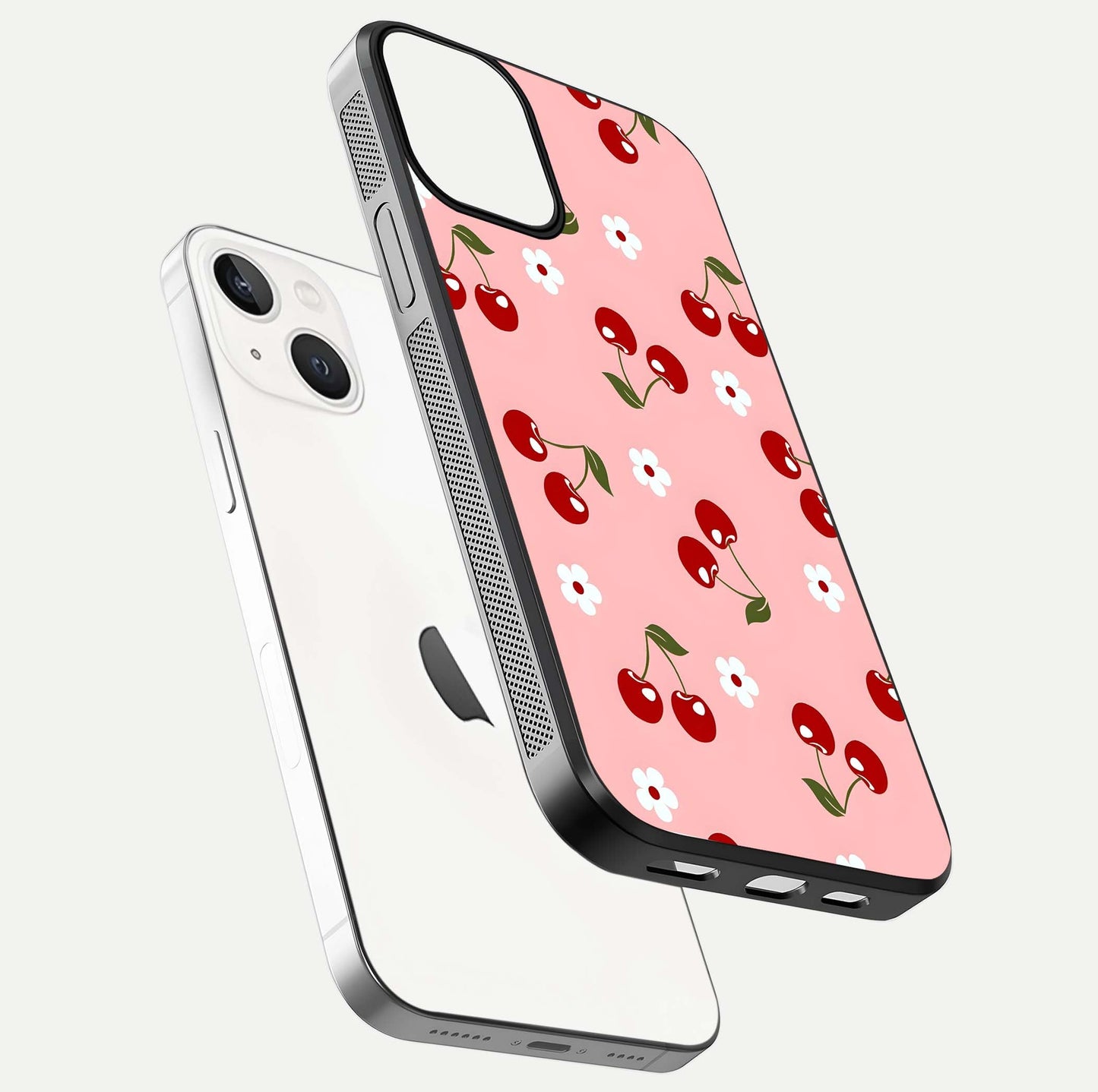 Cherry Love Mood Glass Case for iPhone 13 Mini floating mockup showing HD gloss reflection and red tones